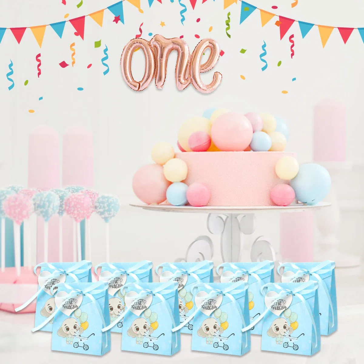 50 Pezzi Scatoline Bomboniere Battesimo, Elefante Blu Portaconfetti Nascita Bambino, Carta Regalo Decorazione Confetti con L'amore Bigliettini e Nastro per Festa Battesimo Compleanno Matrimonio