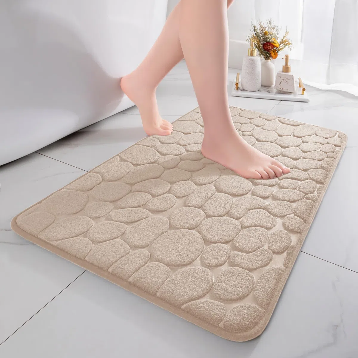 Chakme Tappetino da Bagno in Memory Foam, Assorbente, Antiscivolo per Doccia e Soggiorno, 43 x 61 cm, Beige