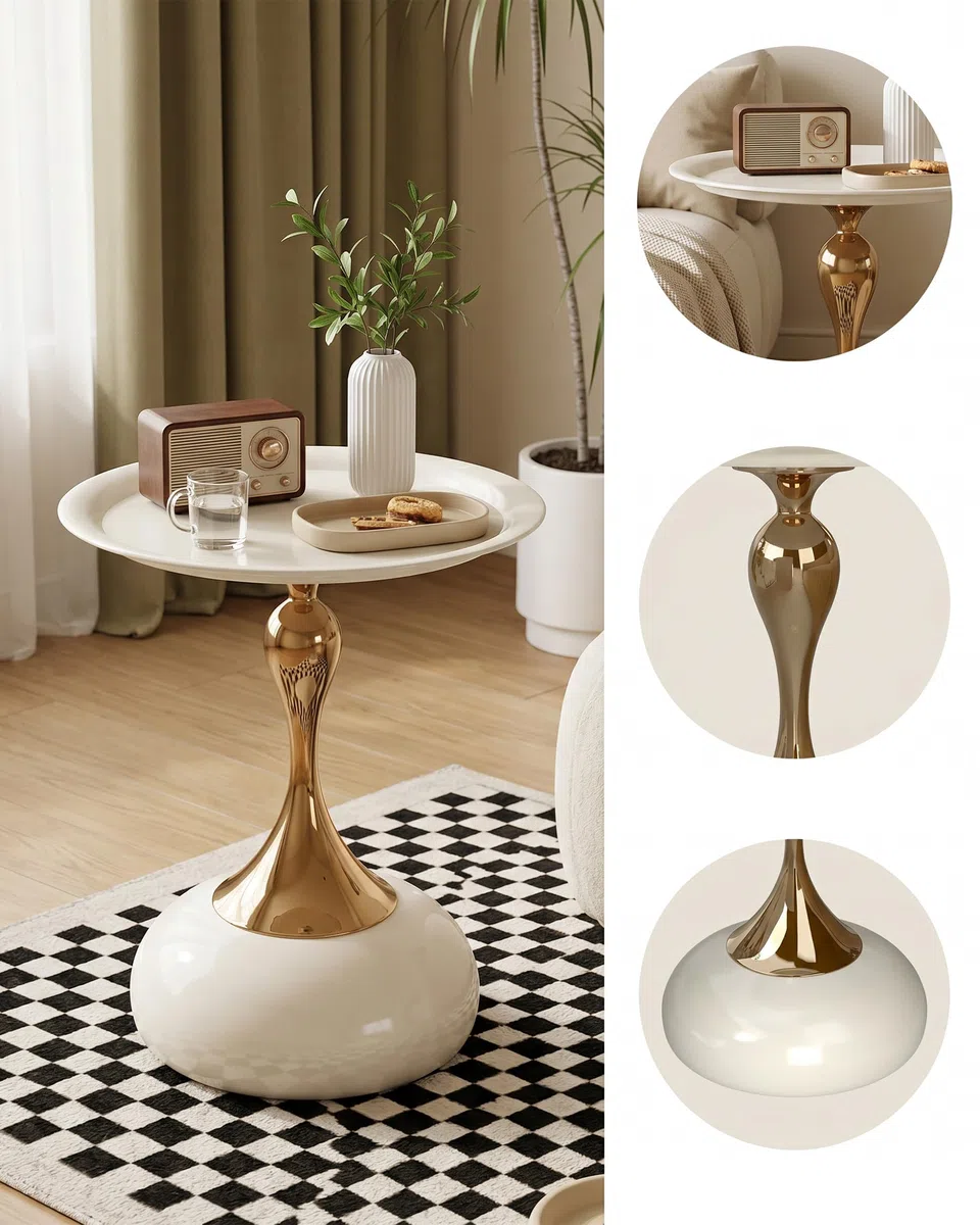 Set di 2 Tavolino da Salotto Bianco e Oro, Side Table Rotondo in Metallo, Elegante Tavolinetto da Divano Moderno, Piccoli Tavolini di Design, Montaggio Senza Attrezzi, 40x H53cm