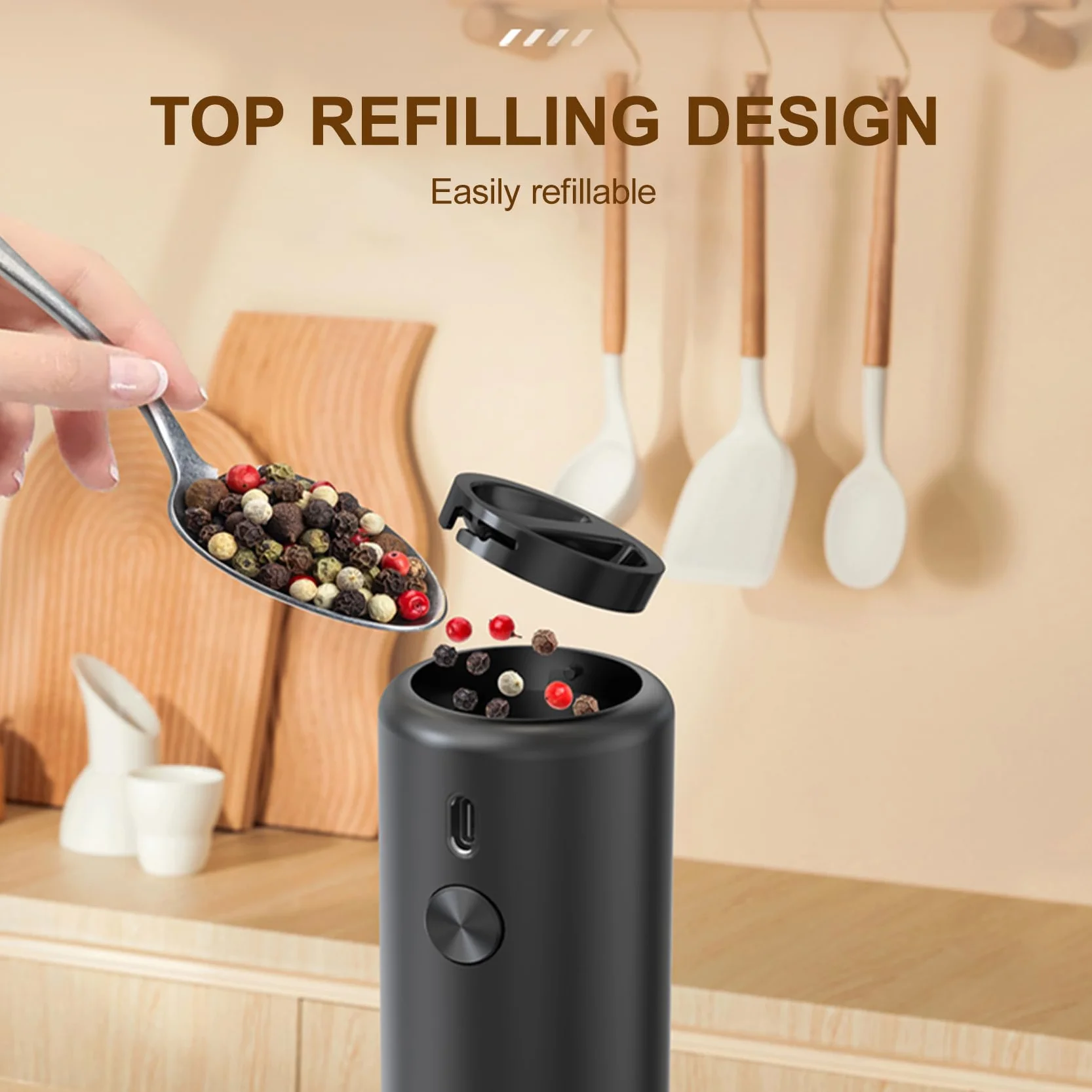 Macina pepe e sale elettrico, 110ml macina sale pepe USB ricaricabile, macina spezie con 5 livelli di regolazione dell'ingranaggio esterno con finestra di visualizzazione