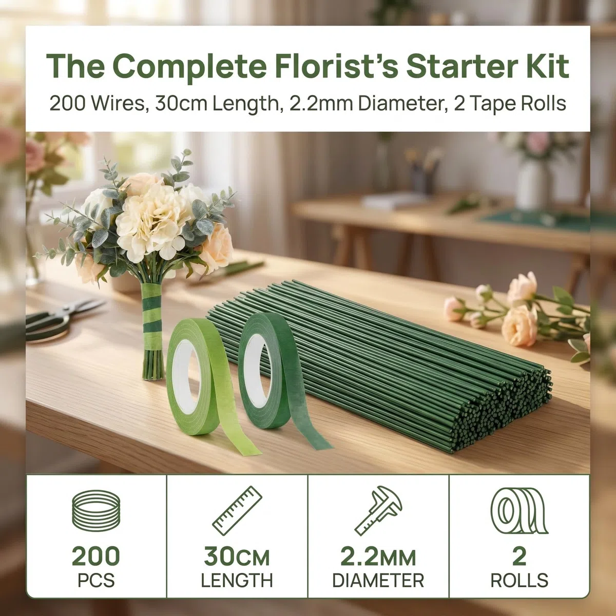 200 Pezzi Steli per Fiori Finti 30 cm, Filo di Ferro per Fioristi Verde con 2 Rotoli Nastro Floreale Adesivo, Filo Metallico Flessibile per Composizioni Floreali, Bouquet Sposa, Ghirlande e Fai da Te