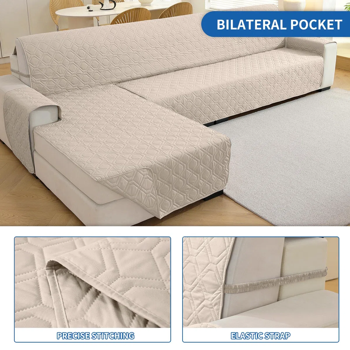 YSTELLAA Impermeabile Copridivano 3 Posti Con Penisola, Copri Divano Angolare Destra/Sinistra Universale Reversibile, Copridivano Chaise Longue Antiscivolo, Antigraffio Antimacchia, Beige