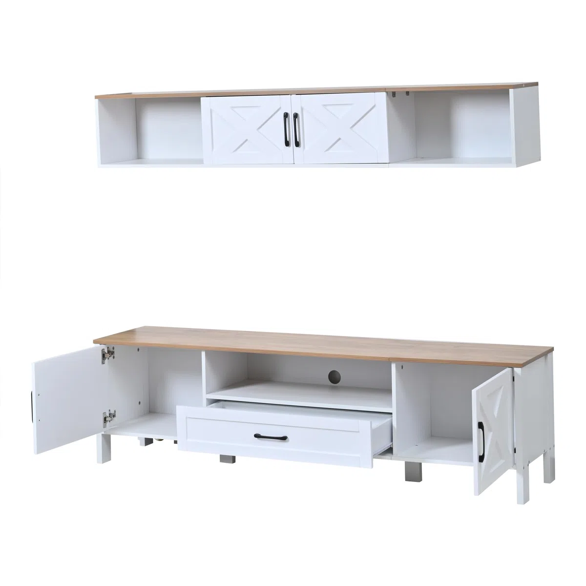 Set da parete per TV da 180 x 40 x 50 cm (set completo, 2 pezzi), supporto per TV + vetrina sospesa, set da parete multimediale, con 4 armadi e 1 cassetto, set per TV fino a 80", bianco