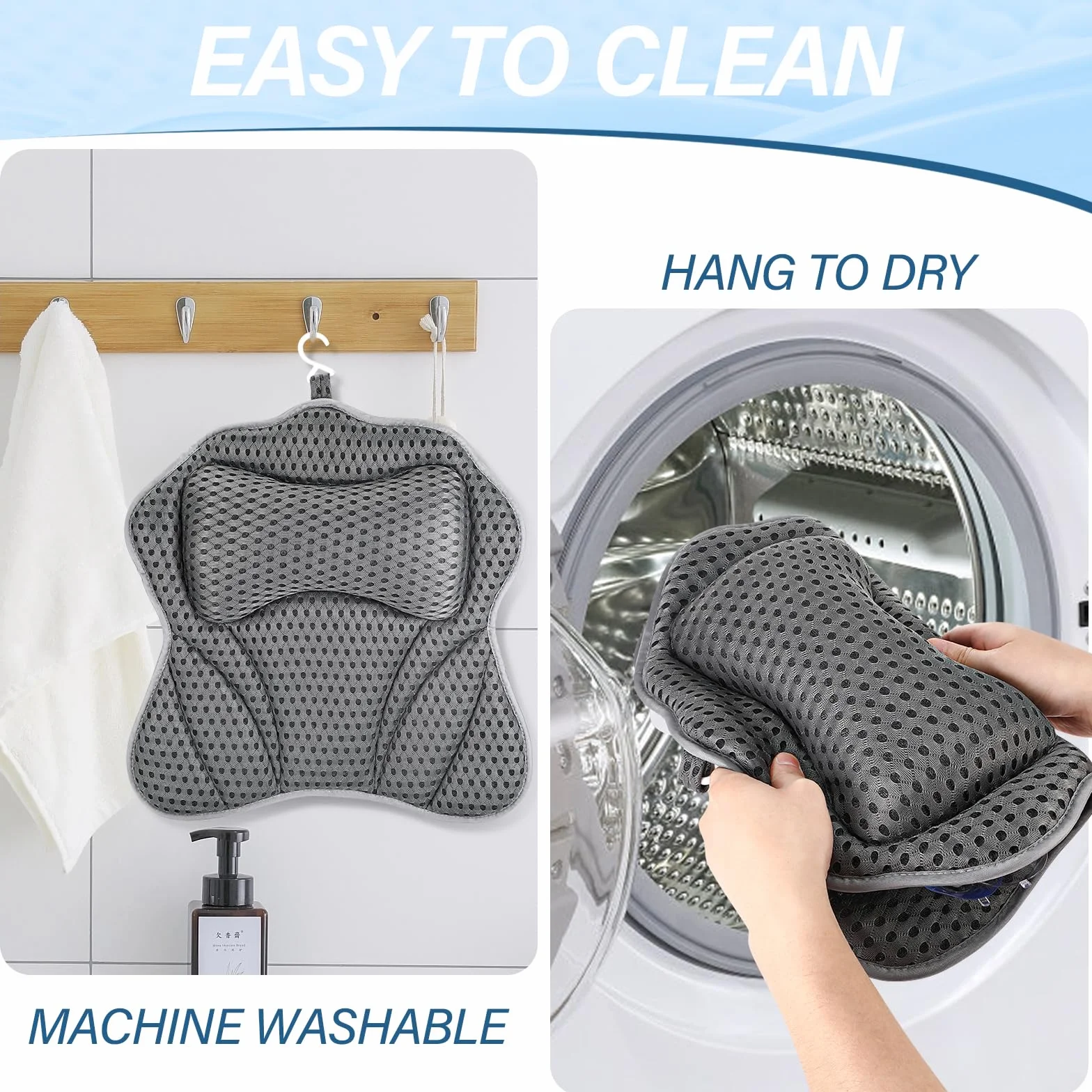 Zikenis Cuscino da Bagno con 6 Ventose Antiscivolo, Cuscino Vasca da Bagno 4D Mesh, per Ergonomici, per Collo, Schiena, Vasca e Spa di Casa
