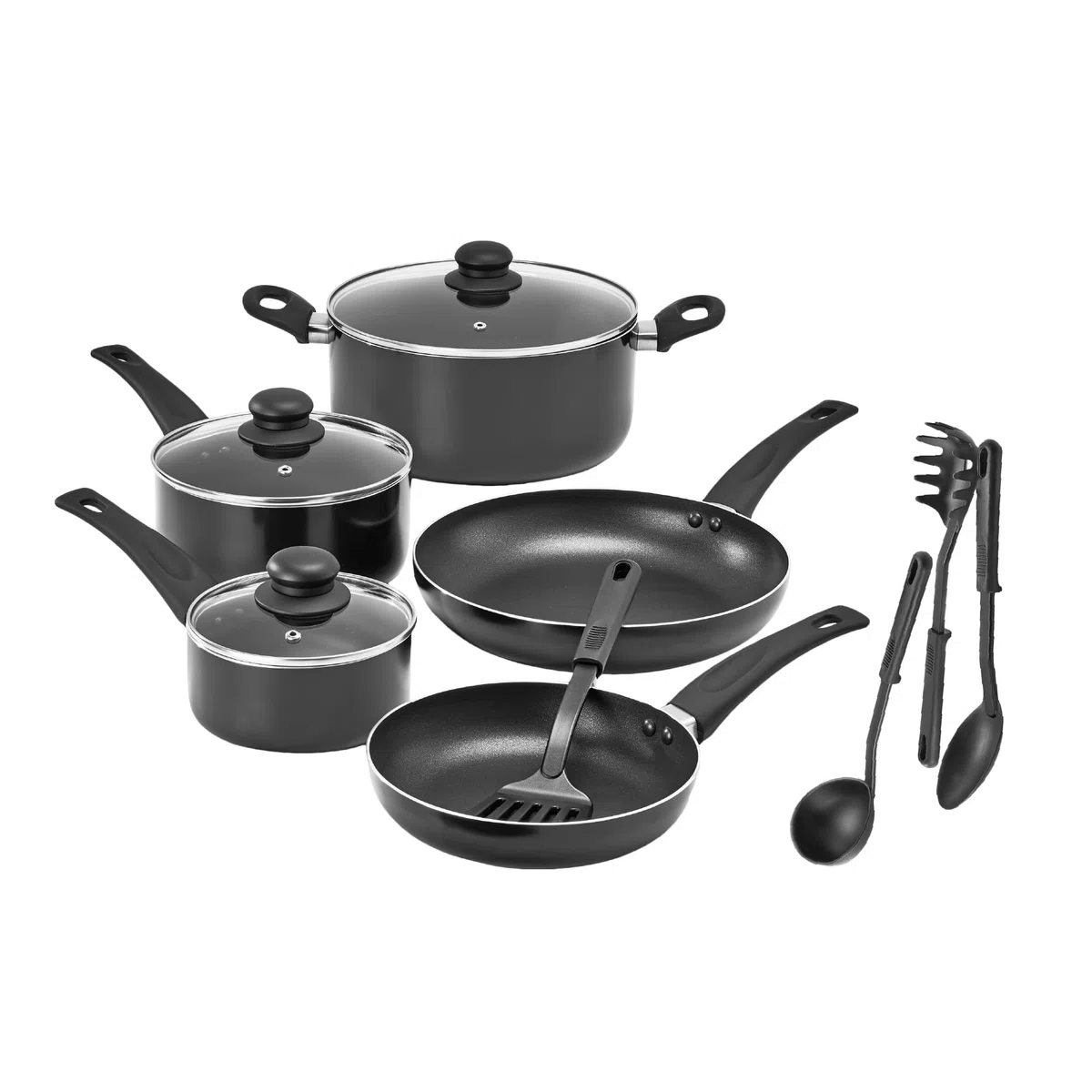 bella Set di pentole, 12 pentole e padelle con utensili, antiaderenti, senza PFOA, antigraffio, superficie di cottura compatibile con tutti i fornelli, nylon e alluminio, nero