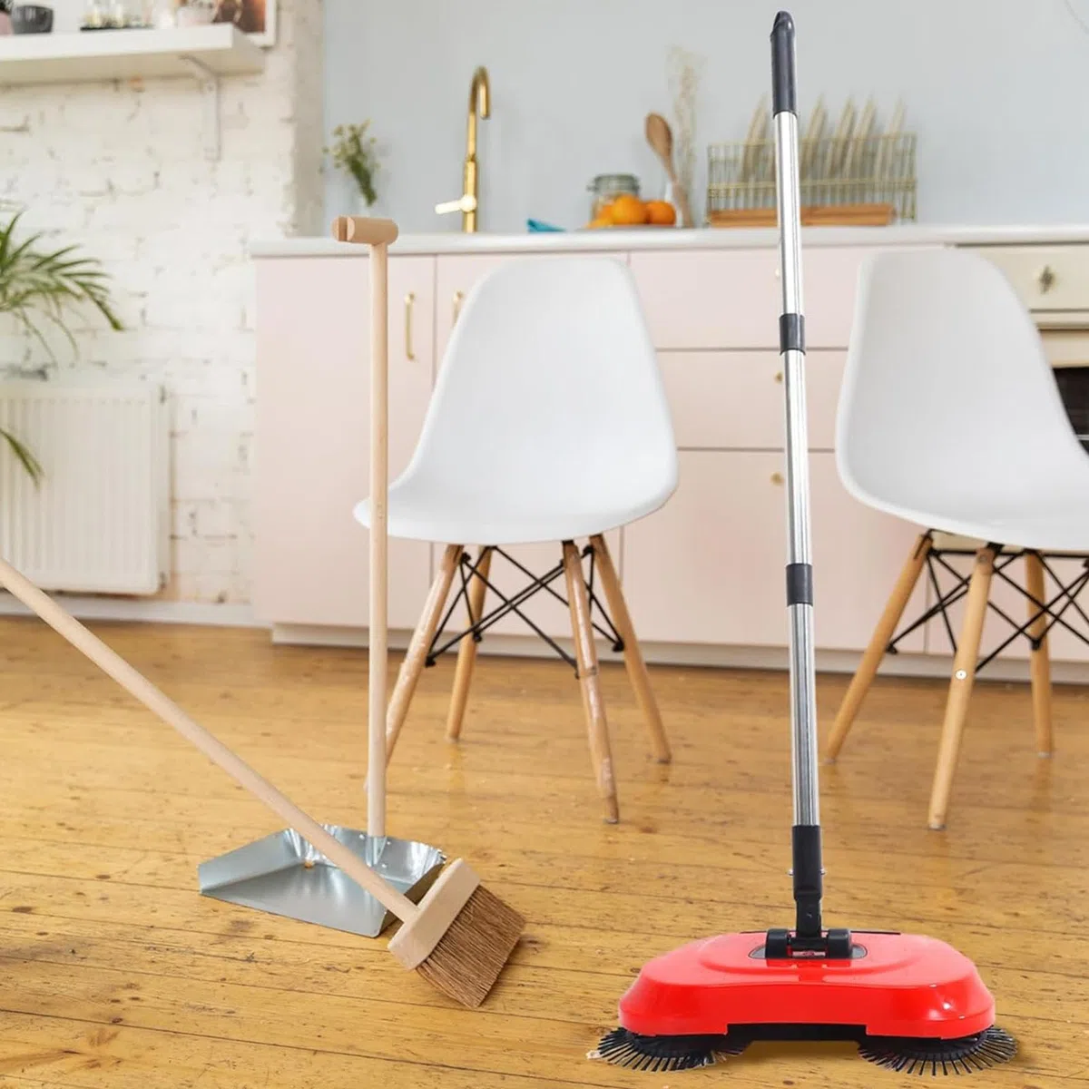 Generico - Spazzatrice manuale per pavimenti e tappeti, senza sacchetti, filtri, batterie, elettricità, con manico regolabile e spinta manuale