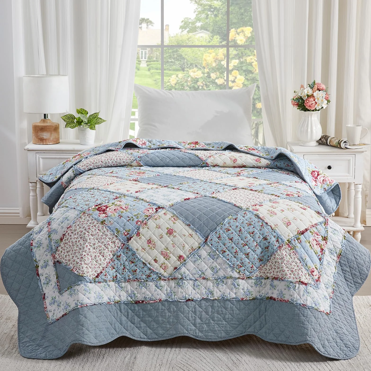 Qucover Patchwork Copriletto, Trapuntato Singolo 150x200 cm,Trapuntino per Primaverile Estivo Coperta in Cotone Shabby chic Stile Country Blu Floreale