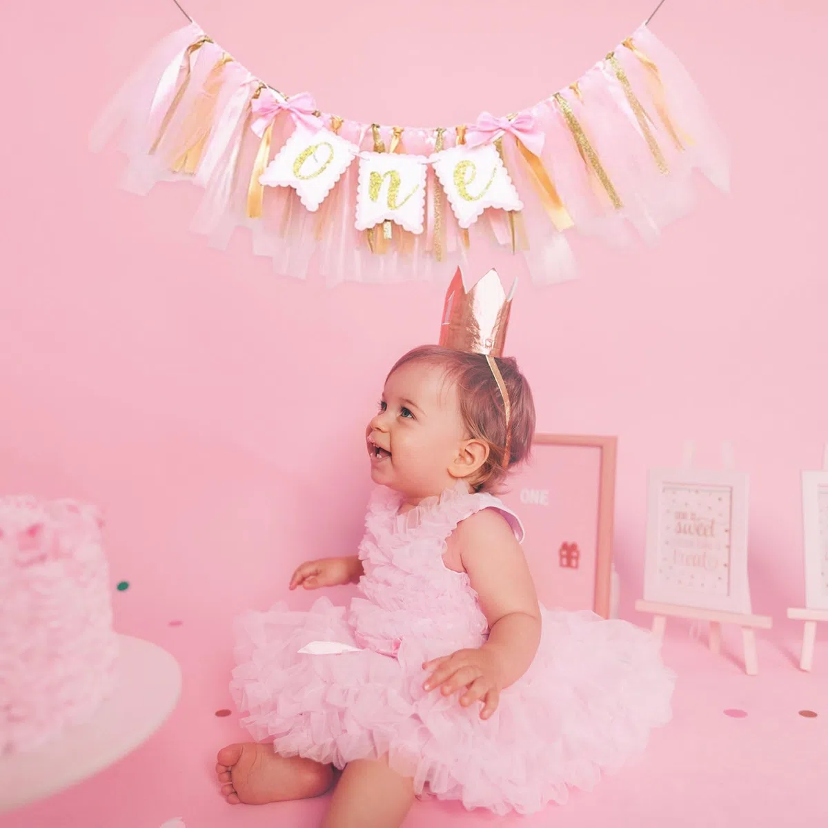 Uno Striscione per Seggiolone Banner Sedia Alta Cake Party Supplies uno Striscione per il Bambino Decorazione Festa di Compleanno Striscione Buon Compleanno per Ragazzi o Ragazze(Rosa)