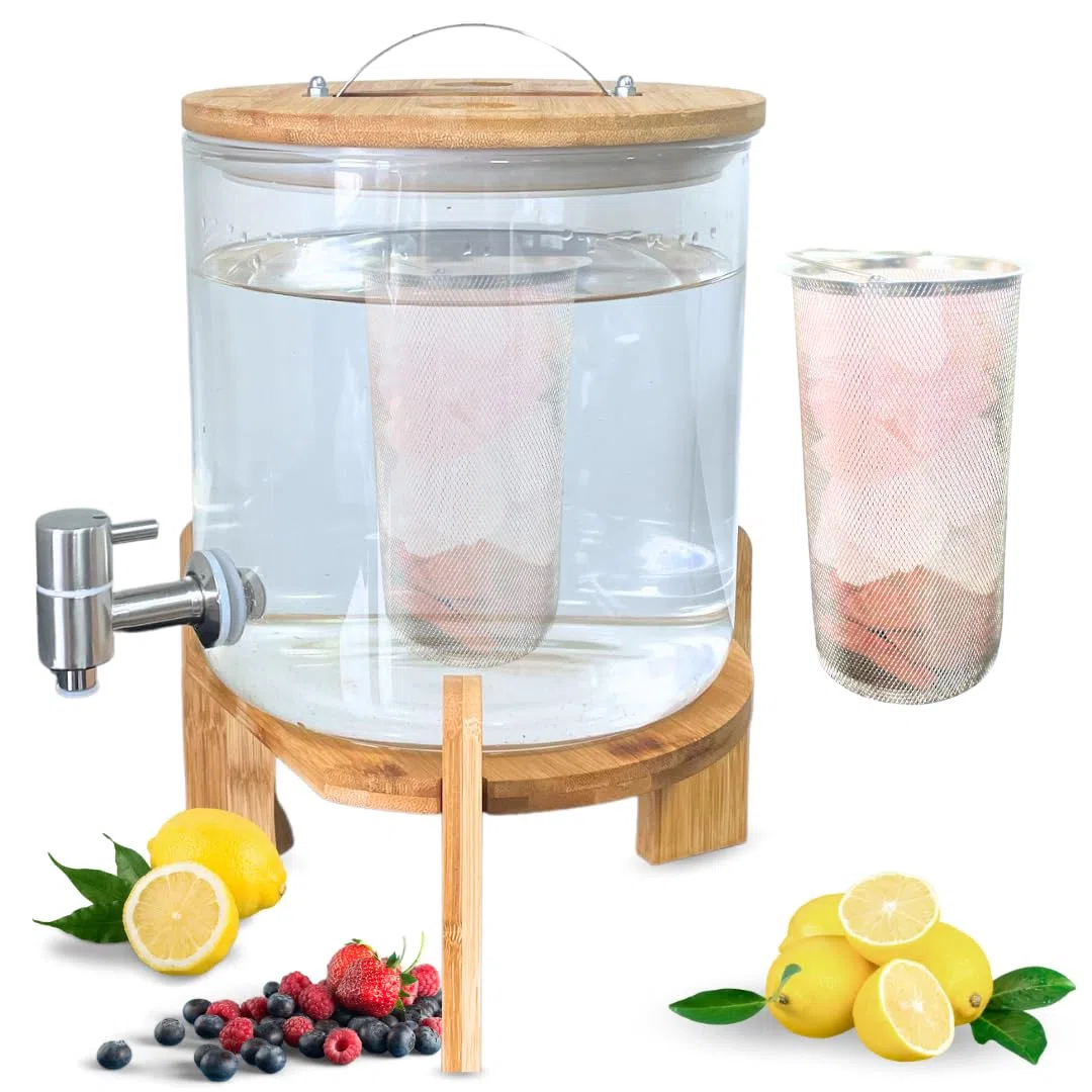Dispenser di bevande in vetro con rubinetto, pietre terapeutiche, coperchio e supporto in legno di bambù, incluso filtro per miscelazione interna, 5 litri