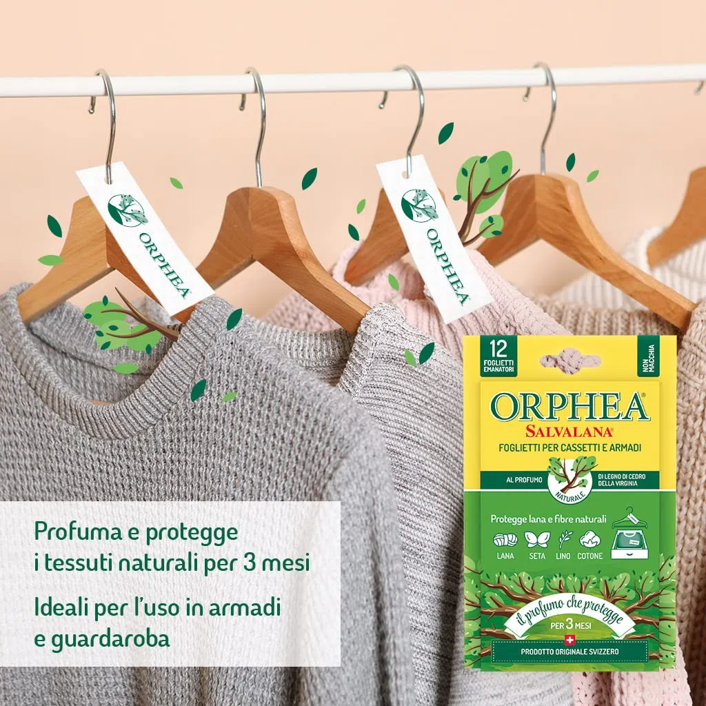 Orphea, Foglietti Salvalana per Cassetti e Armadi, per Lana e Vestiti Tutta la Stagione, Profumo Legni di Cedro, Confezione 3 pack da 12 Foglietti (Confezione da 2)