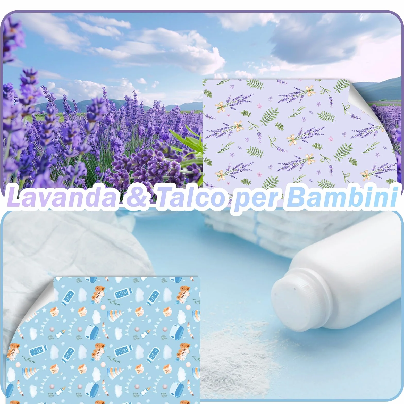 SCENTORINI Carta Profumata per Cassetti, 12 Fogli, Misura 36.5x52cm, Aroma di Lavanda e Talco per Bambini per Cassetti, Armadio, Decorazione Profumata Carta da Regalo