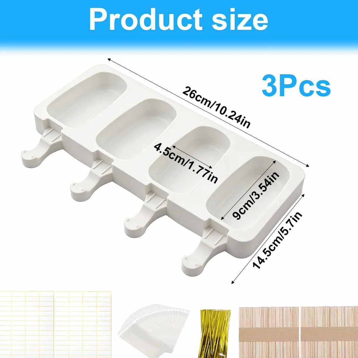 3 Packed Grandi Stampi per Gelato in Silicone,4 Cavità Stampo per Ghiaccioli,Stampo in Silicone per Gelato,riutilizzabili,senza BPA,Stampo in Silicone per Gelato,Perfetto per il DIY Stampi