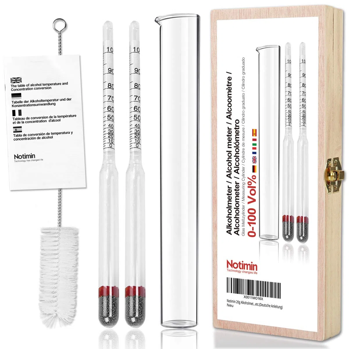 2 Pezzi 0-100Vol% di idrometro Alcoholmeter Tester Set Alcohol Vinometer + Cilindro in Vetro Trasparente Alto, Per Grappa, Distillati,Whisky, Brandy, Wodka, Spirito(Senza termometro)