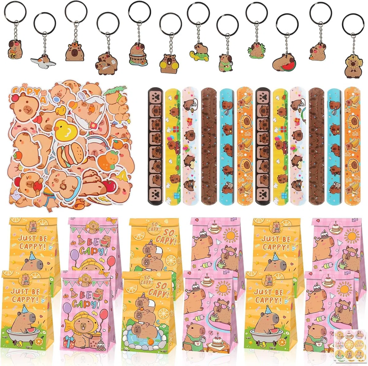 Capybara Party Gadget per feste, 48 pezzi regali per compleanno bambini, Capybara sacchetti regalo braccialetti a scatto portachiavi adesivi, regali compleanno bambine