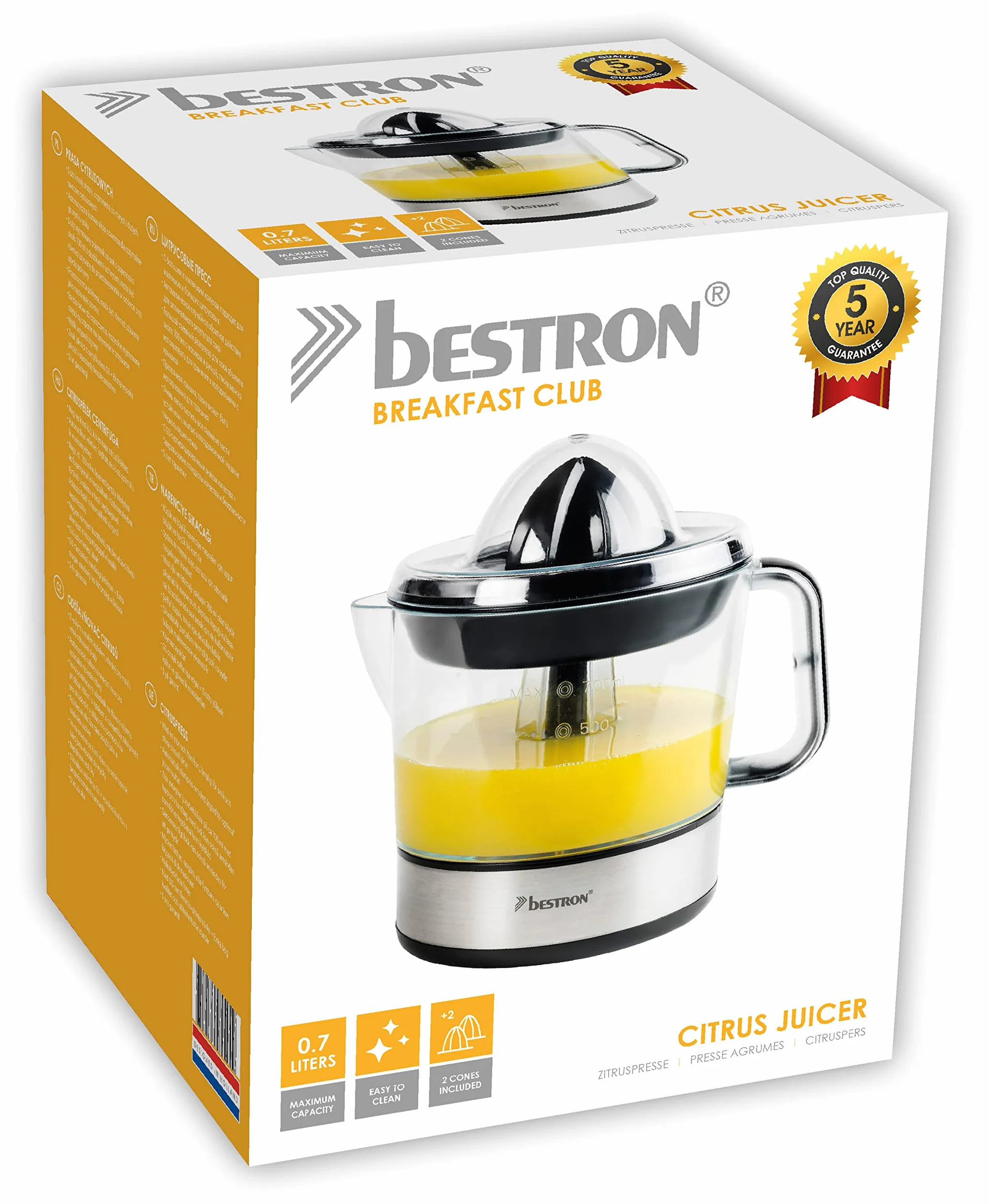 Bestron Spremiagrumi elettrico, Spremi agrumi elettronico con 2 coni di spremitura e coperchio per aromi, motore con due sensi di rotazione (sinistra/destra), capacità: 0,7 litri, 40 watt, argento