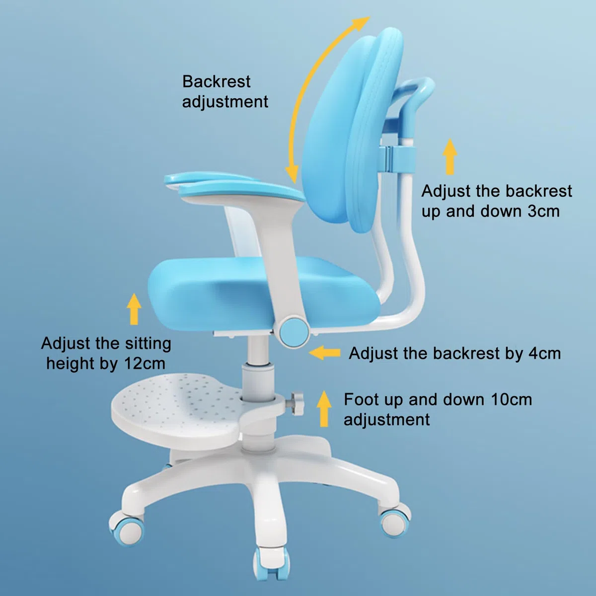 sedia da scrivania per bambini, sedia ergonomica girevole regolabile con braccioli e poggiapiedi, doppio cuscino morbido per studio