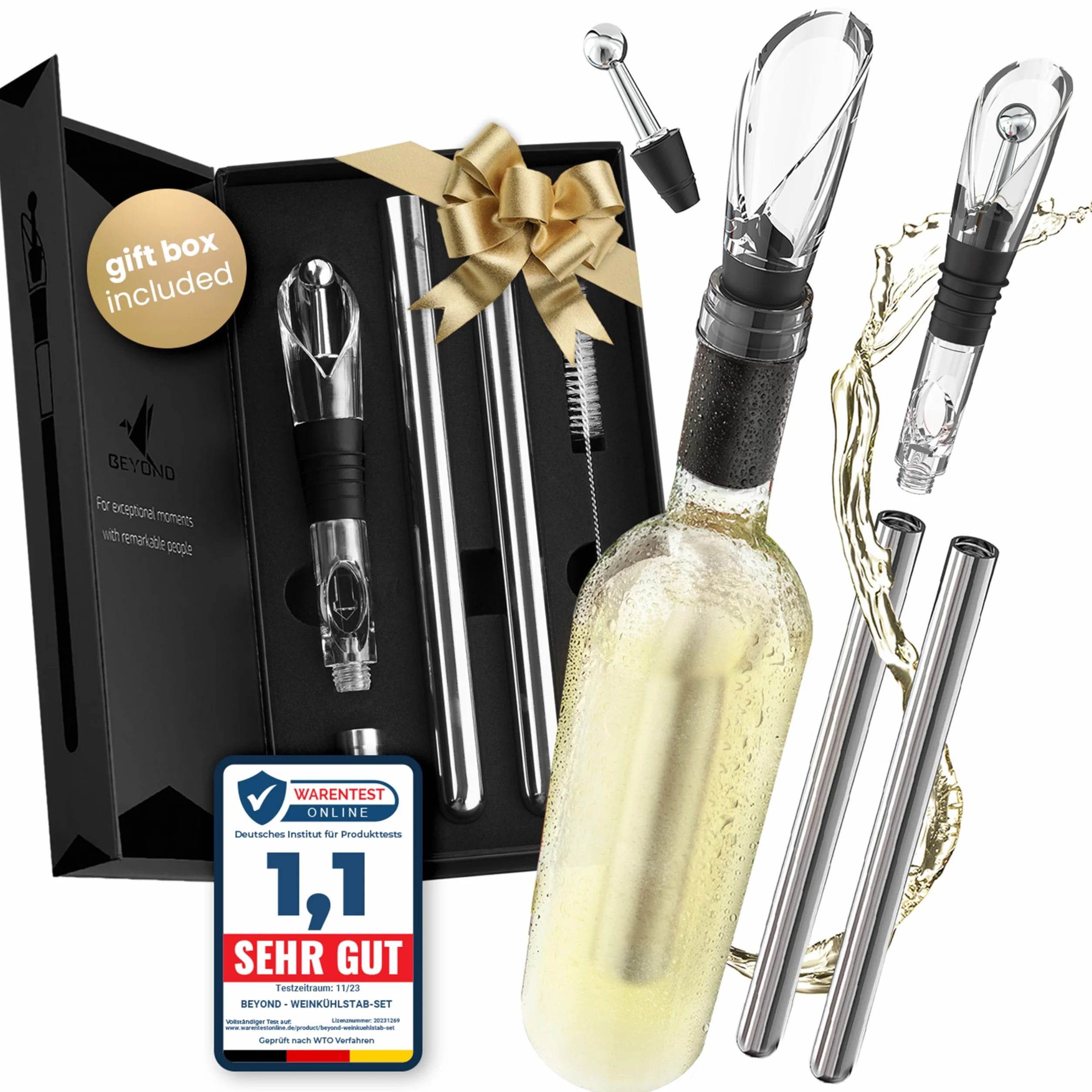 Beyond Refrigeratore per Vino in Acciaio Inox con Versatore – Refrigerante per Vino, Accessorio e Regalo per Amanti del Vino Uomo Donna | Set Refrigerante per Vino Bianco e Rosso (Set Regalo)