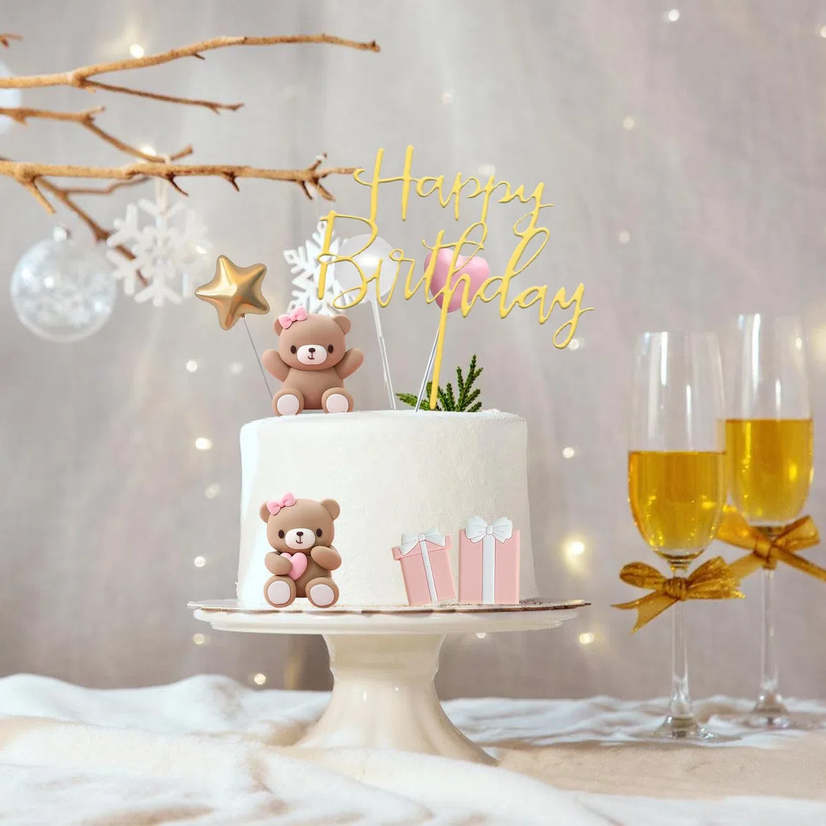 Nizirioo 33 Pezzi Decorazioni per Torte: Decorazioni con Orso Bruno, Compleanno, Topper Foam Ball Torta, Topper per Torta Rosa Set per Baby Shower e Festa di Compleanno