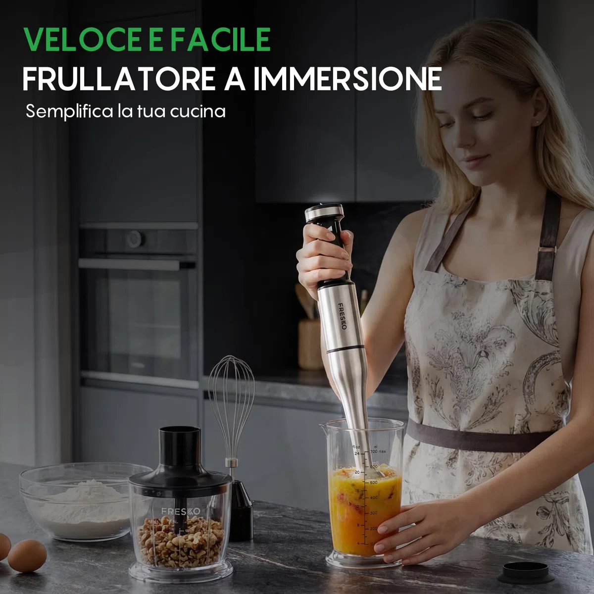 FRESKO Frullatore a Immersione, 1000W Frullatore in Acciaio Inox con Protezione per Pentole, 5 Accessori, Velocità Regolabile, Frullatore Manuale per Alimenti per Bambini, Zuppe, Smoothies