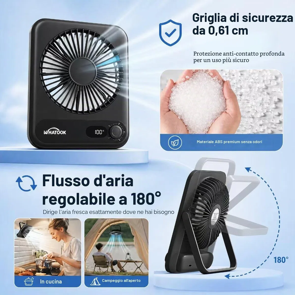 WHATOOK Mini ventilatore da tavolo silenzioso:100 velocità e batteria da 2000 mAh, piccolo ricaricabile ventilatore USB con display a LED, ventilatore portatile pieghevole per ufficio, casa(Nero)