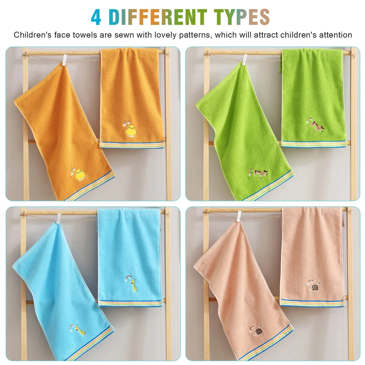 Gukasxi - Asciugamani per il viso per bambini, confezione da 4 pezzi, 100% cotone, da bagno, multicolore, per mani, viso e doccia (25 x 50 cm)
