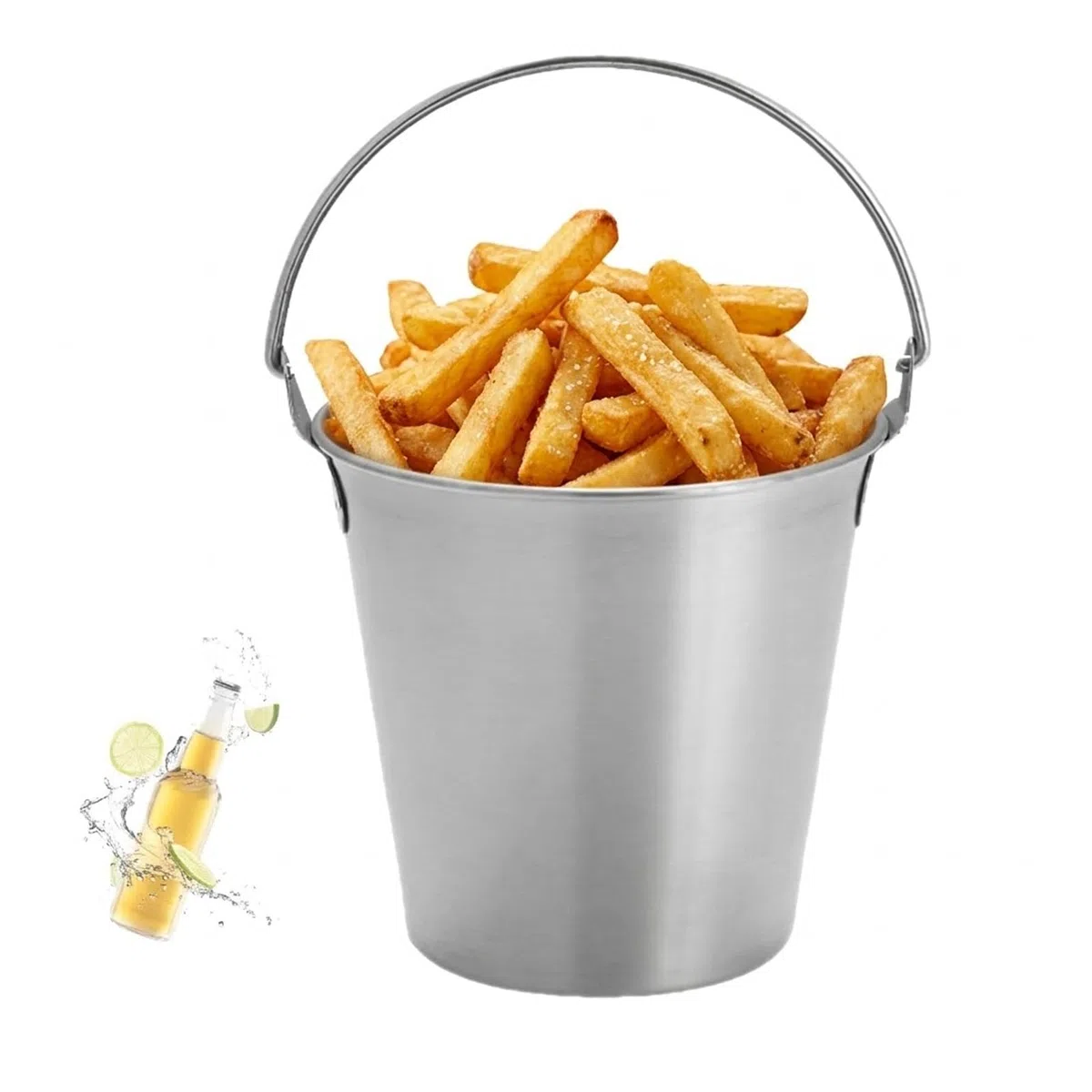 Mini secchiello in acciaio inox piccolo secchiello per il ghiaccio con manico per bevande, vino, patatine fritte, ali di pollo, bar domestici, feste, uso per feste, bar casa, 2 l. (Silver)