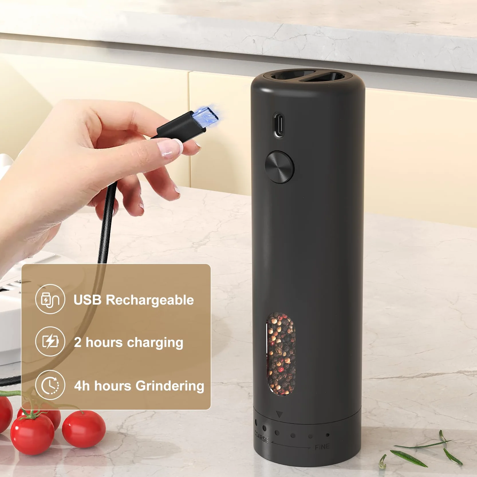 Macina pepe e sale elettrico, 110ml macina sale pepe USB ricaricabile, macina spezie con 5 livelli di regolazione dell'ingranaggio esterno con finestra di visualizzazione