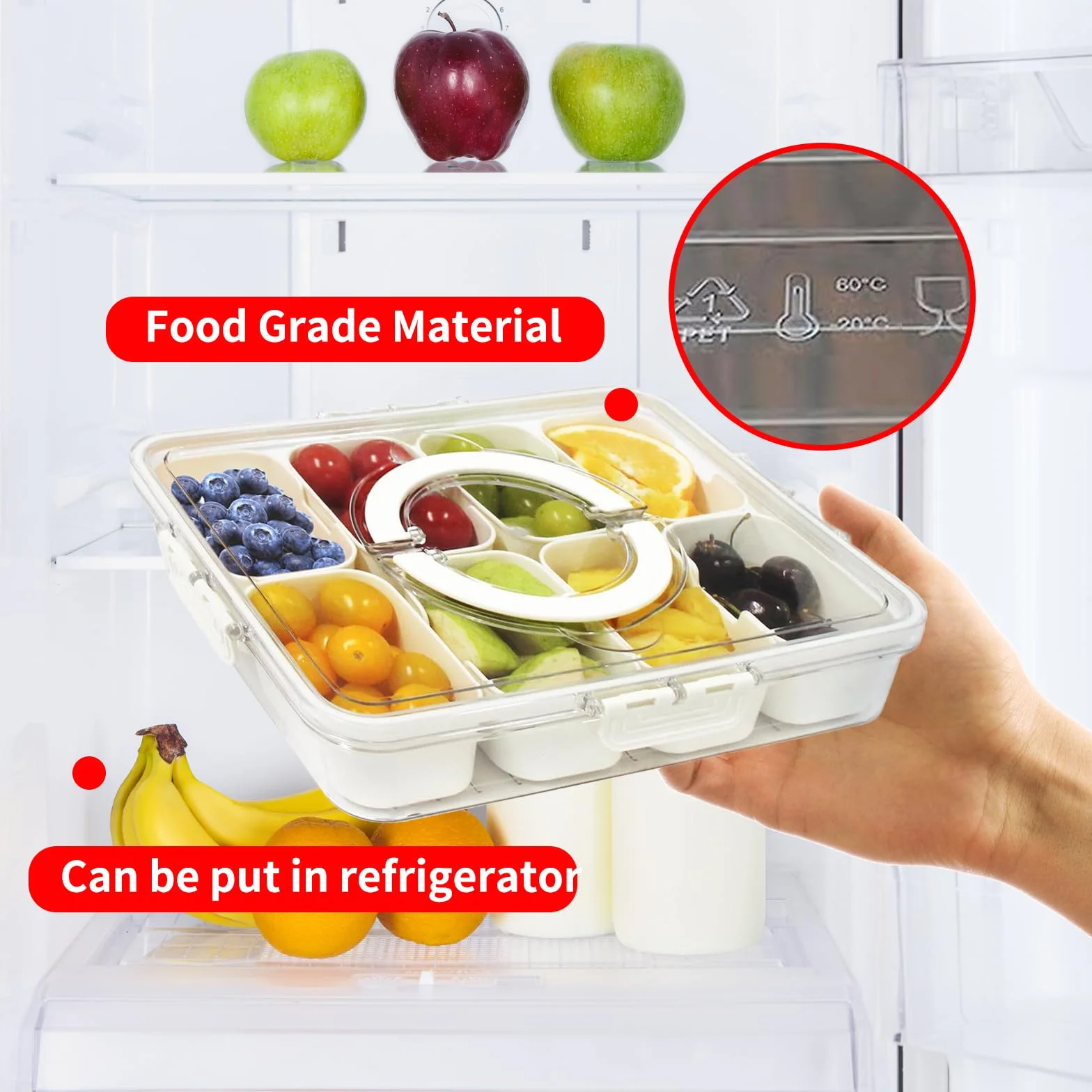 Vassoio Portata Diviso con Coperchio e Maniglia, Contenitore Portatile per Alimenti, Piatti Snack, 8 Scomparti Rimovibili per Feste,Organizer Riutilizzabile per Antipasti,Verdure,Caramelle,Frutta,Noci