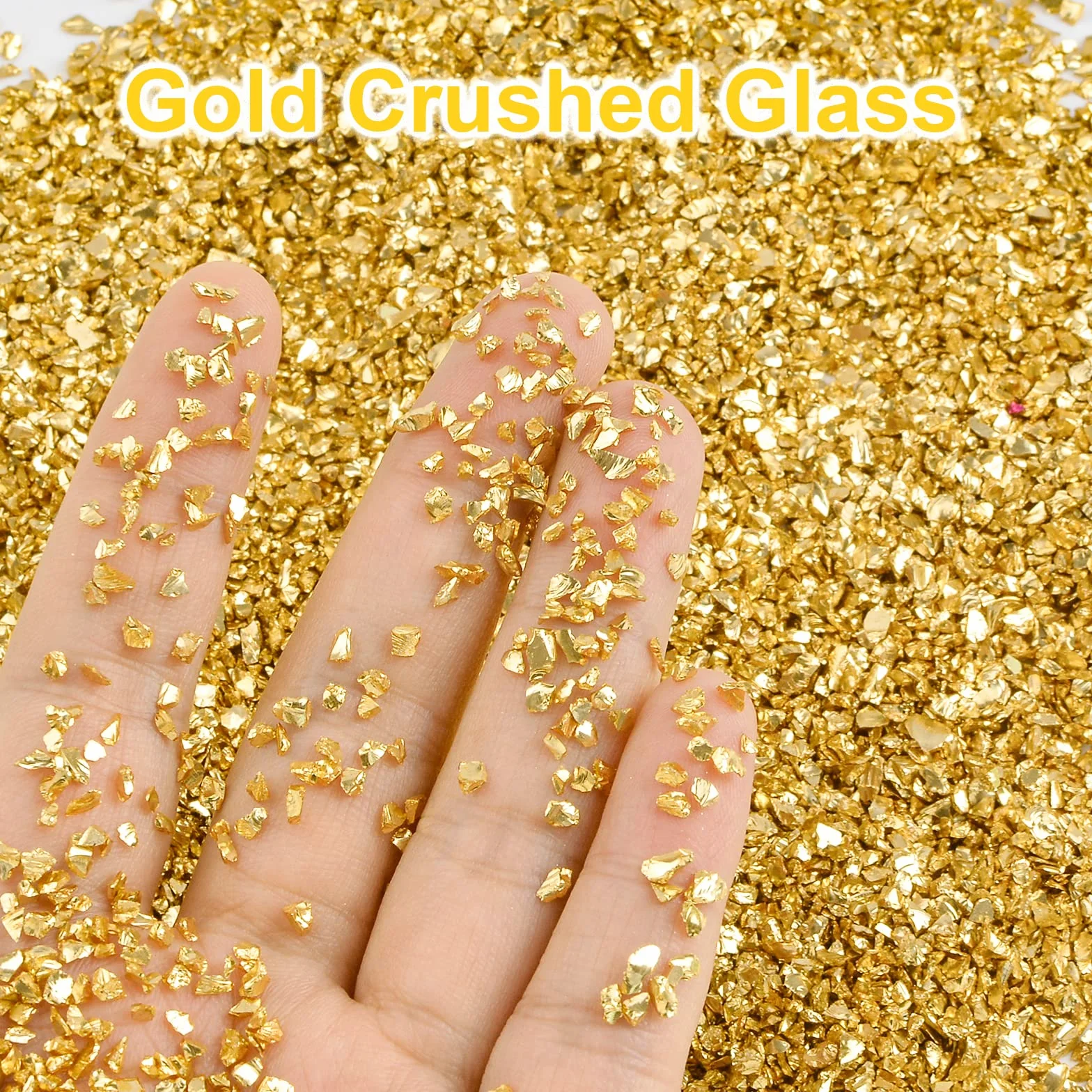 WANDIC Vetro frantumato, 200 grammi, 2-4 mm, in vetro frantumato dorato, irregolari metallizzati, riempitivi per creazioni in resina, nail art, pittura