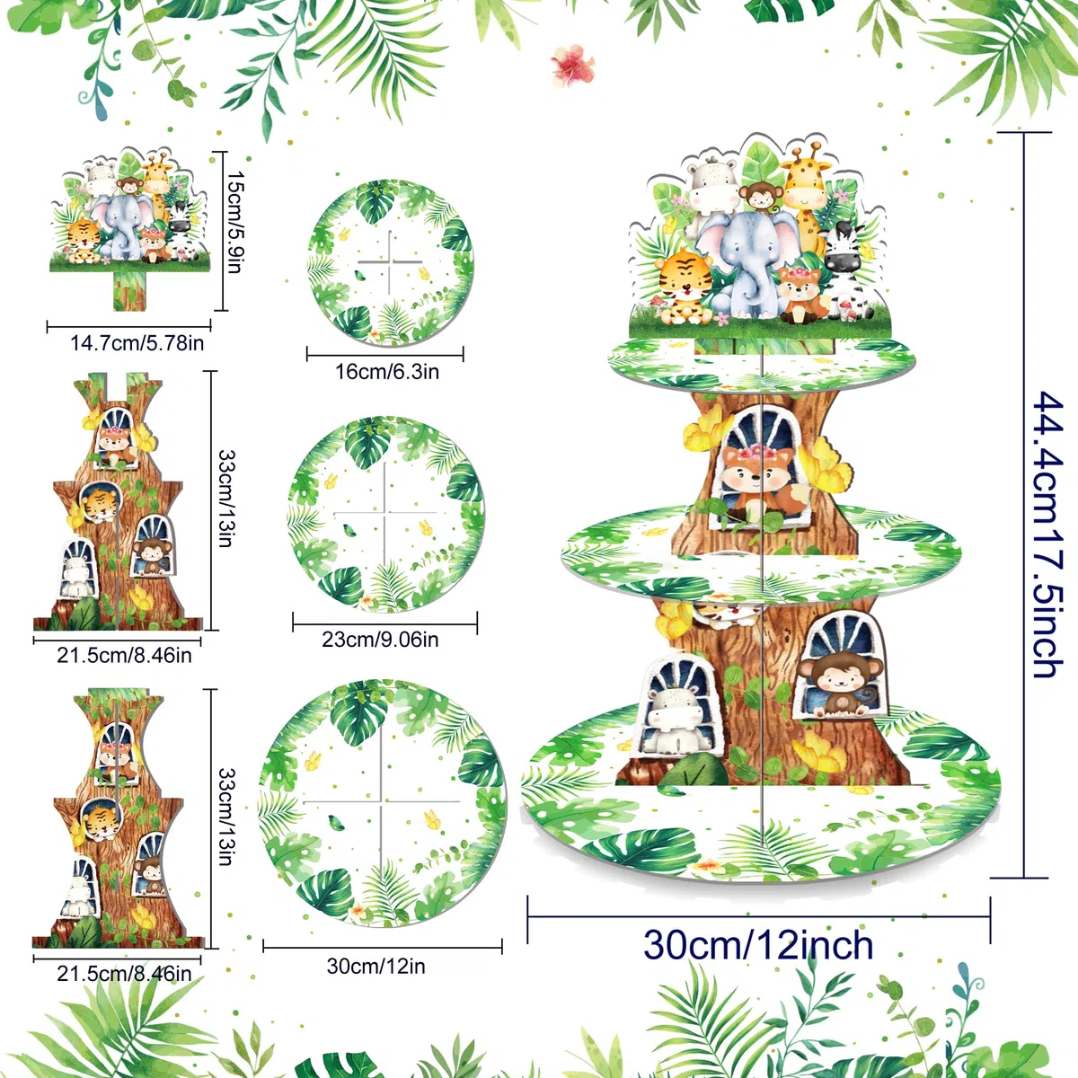 Zoo-Party - Supporto per cupcake, per 24 cupcake, 3 animali, per feste di compleanno, baby shower, feste
