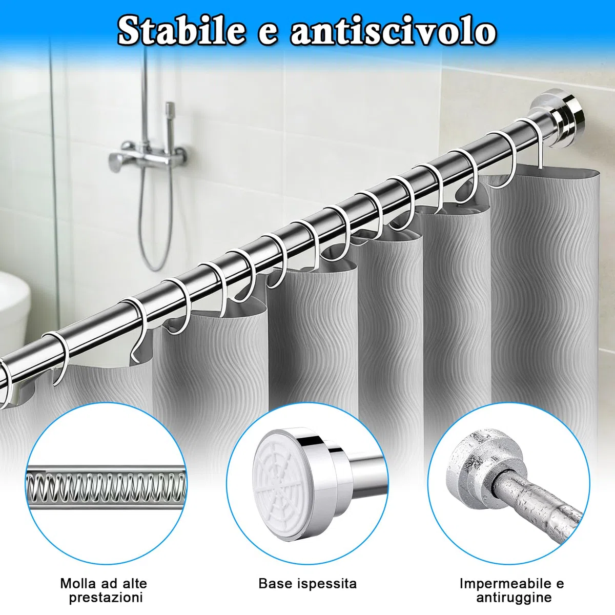 Bastone Telescopico Estensibile in Acciaio Inox, 66-200 cm, Bastoni Tende per Interni, Antiruggine e Antiscivolo, Senza Fori, Asta Doccia per Bagno, Guardaroba, Finestra