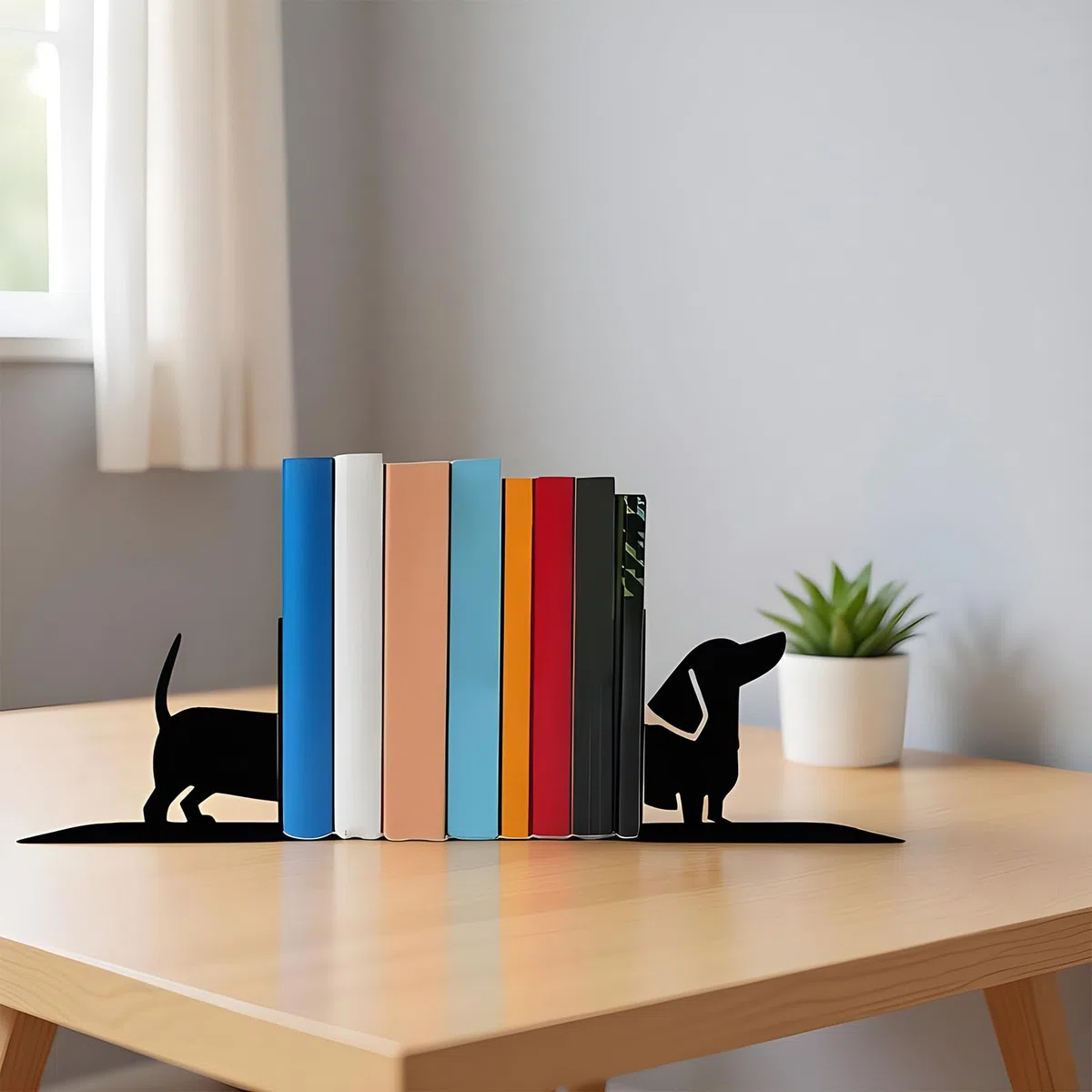 Fermalibri a forma di bassotto nero con design in metallo, fermalibri a forma di animale per la casa, struttura robusta, funzione antiscivolo, strumento decorativo, accessorio per mensole per ufficio