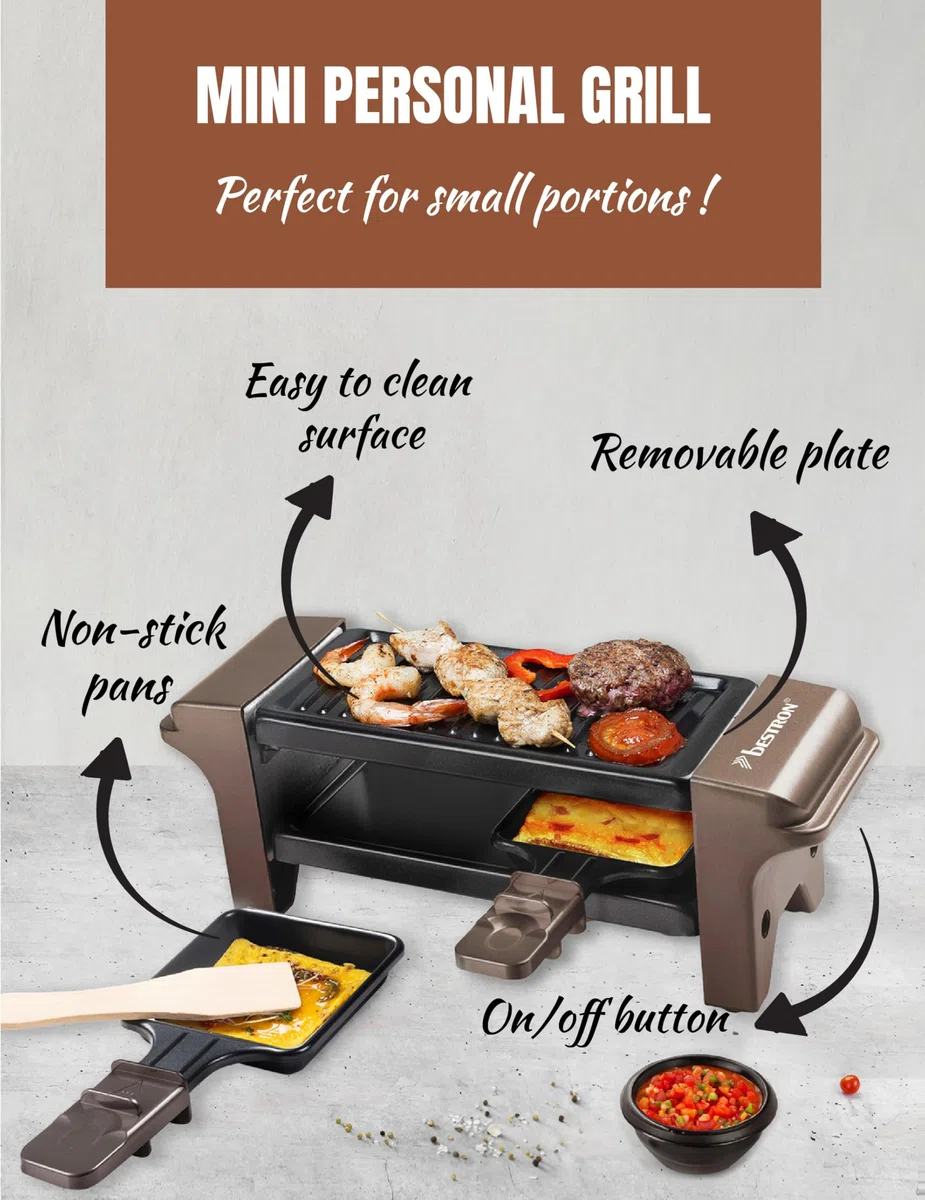 Bestron Mini Raclette per 1-2 Persone, Mini griglia da tavolo con 2 padelline e 2 spatole in legno, Piastra per Raclette con 350 watt, Colore: Rame