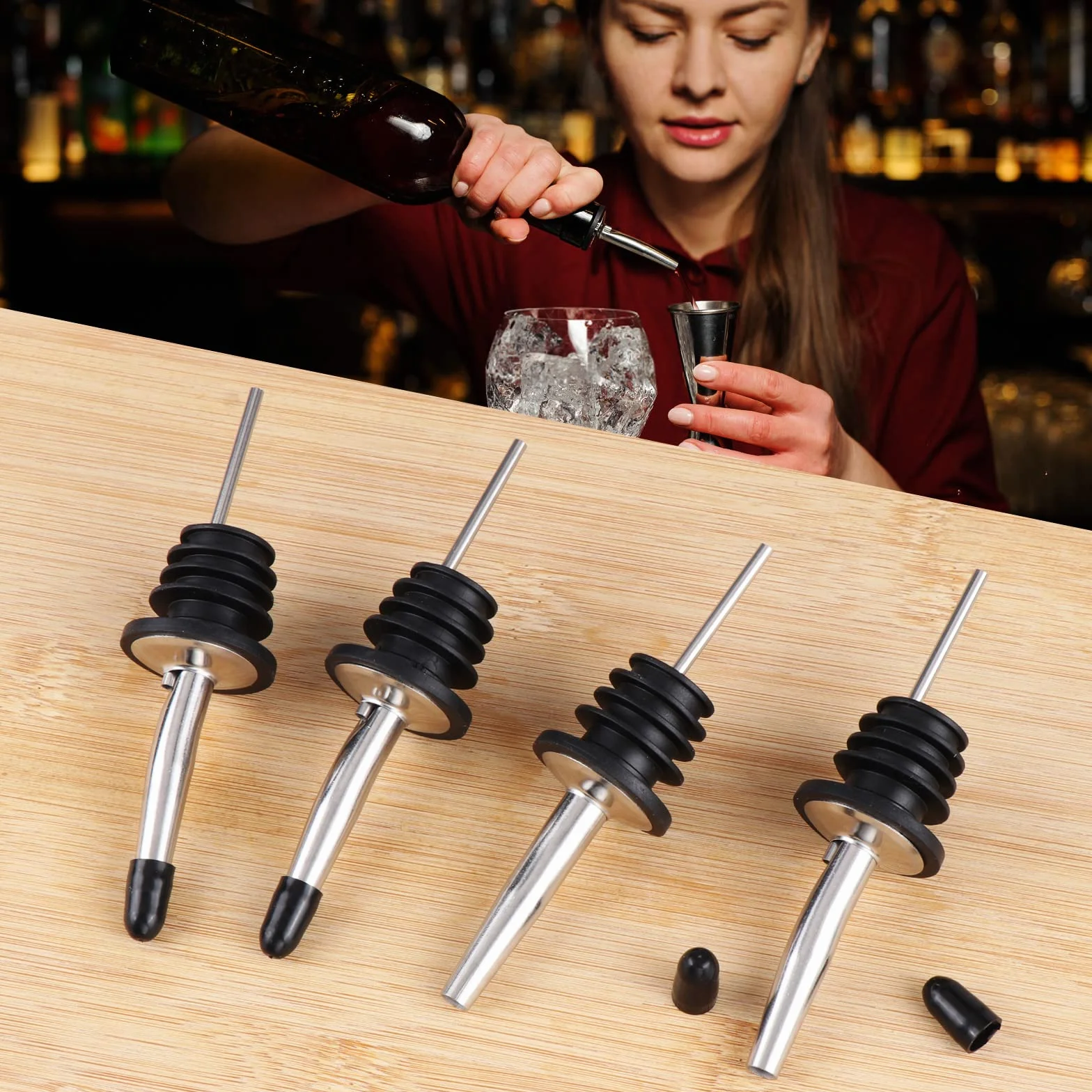 JSMTKJ 12 Pezzi Versatori in Acciaio Inox Beccuccio Conico Liquore Bottiglia Versatore Tappo Versatore Salvagoccia con Cappucci di Gomma per Cocktail Liquore Vino Olio Aceto