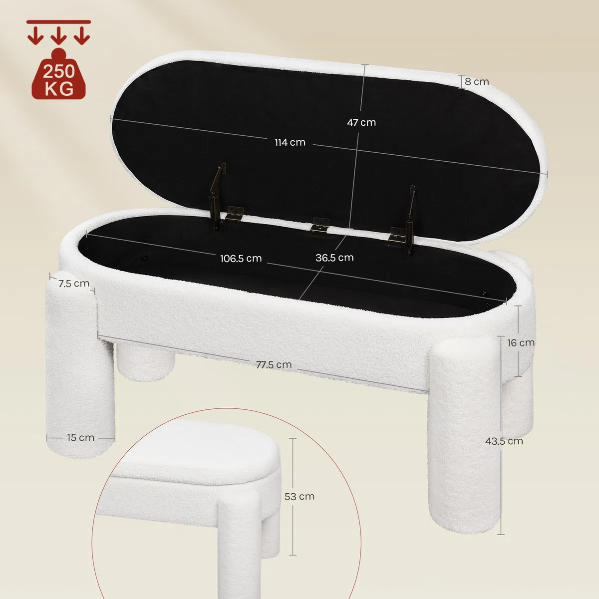 WOLTU Panca Contenitore, Panca Imbottita in Tessuto Teddy, 114x47x53 cm, Poggiapiedi Divano, per Camera da Letto, Soggiorno, Ingresso, Portata 250 kg, Moderno, Bianco