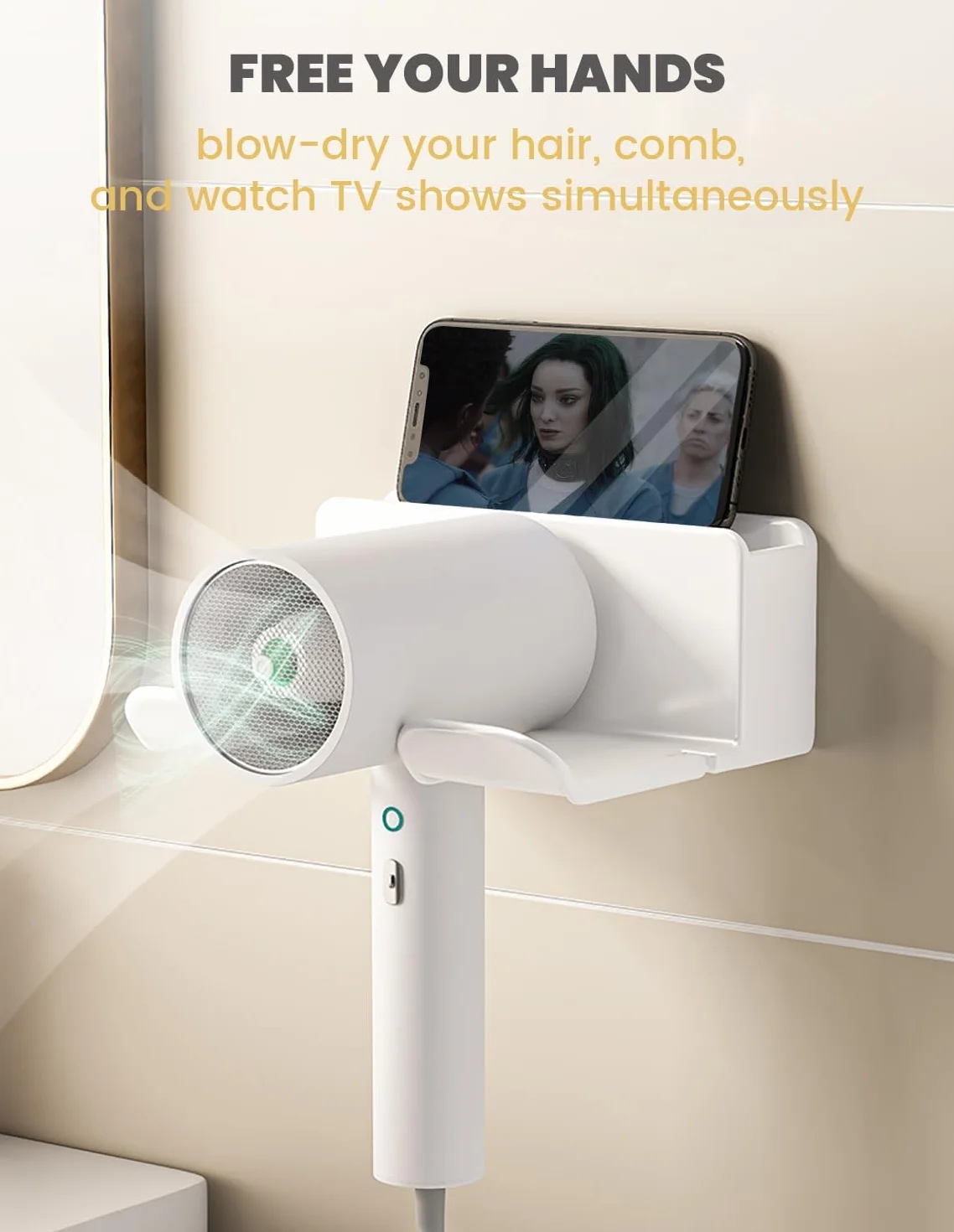 Porta Phone Bagno da Muro Adesivo, Porta Asciugacapelli, Supporto per Asciugacapelli per Bagno 2 Scomparti e Portacavi (16*6.5*12.6CM)