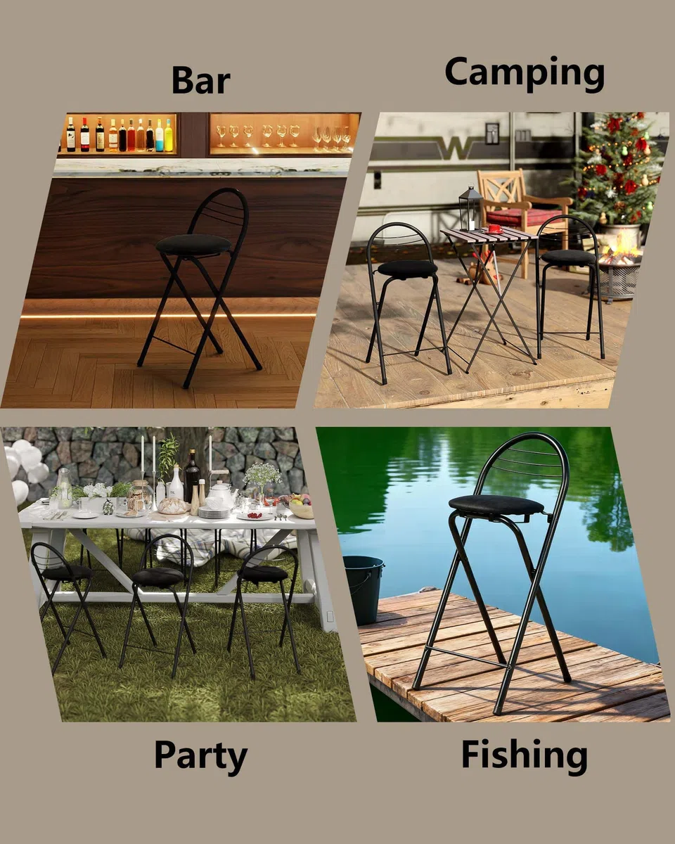 Set di 2 Sgabello Pieghevole in Metallo con Seduta in Morbido Velluto, Portatile Sedia Nera con Schienale e Poggiapiedi, Sgabelli da Bar, Cucina, Giardino, Altezza 60 cm