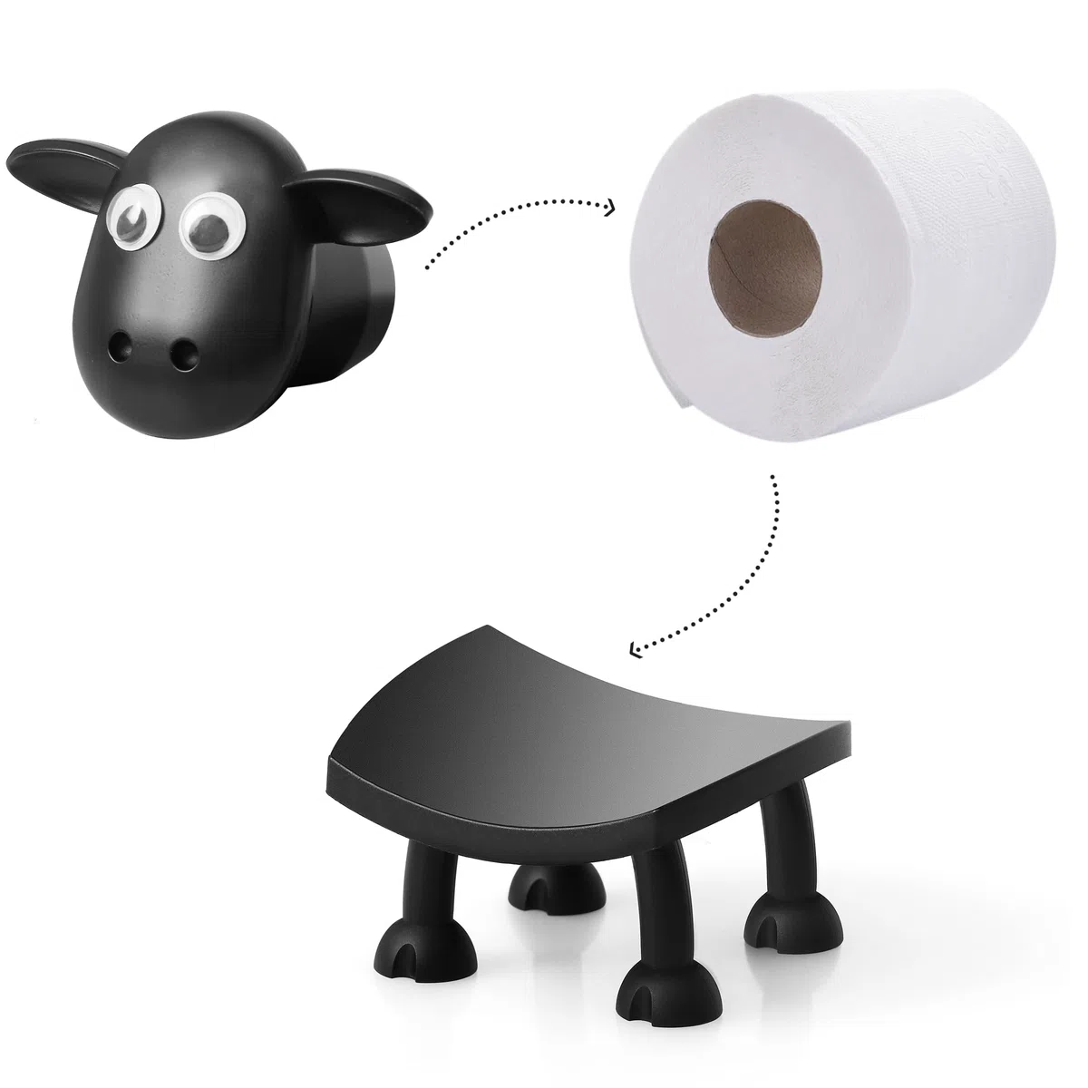 VELENTI Portarotolo di carta igienica a forma di pecora – Supporto per rotoli di carta igienica divertente con piedistallo – Portarotolo di carta igienica stampato in 3D nero – Stoccaggio esilarante