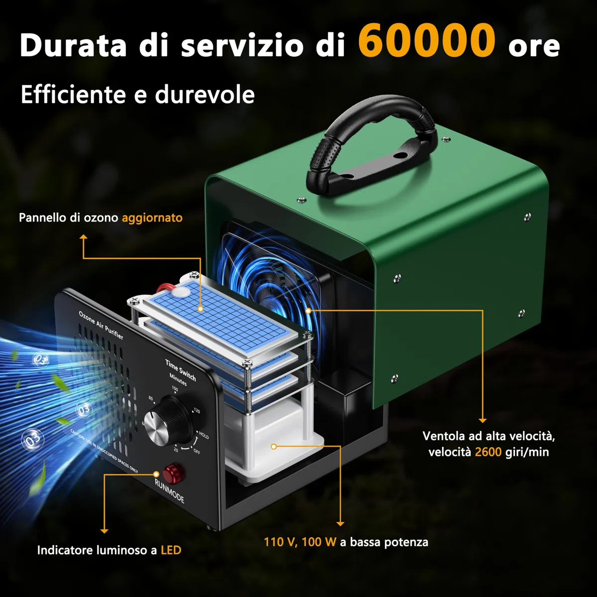 Generatore di Ozono 90.000 mg/h con timer da 120 minuti,ozonizzatore 600 m² Apparecchio a ozono industriale,ozonizzatore O3 per la casa/fumo/odori di animali domestici/odori di cucina/garage/alberghi/