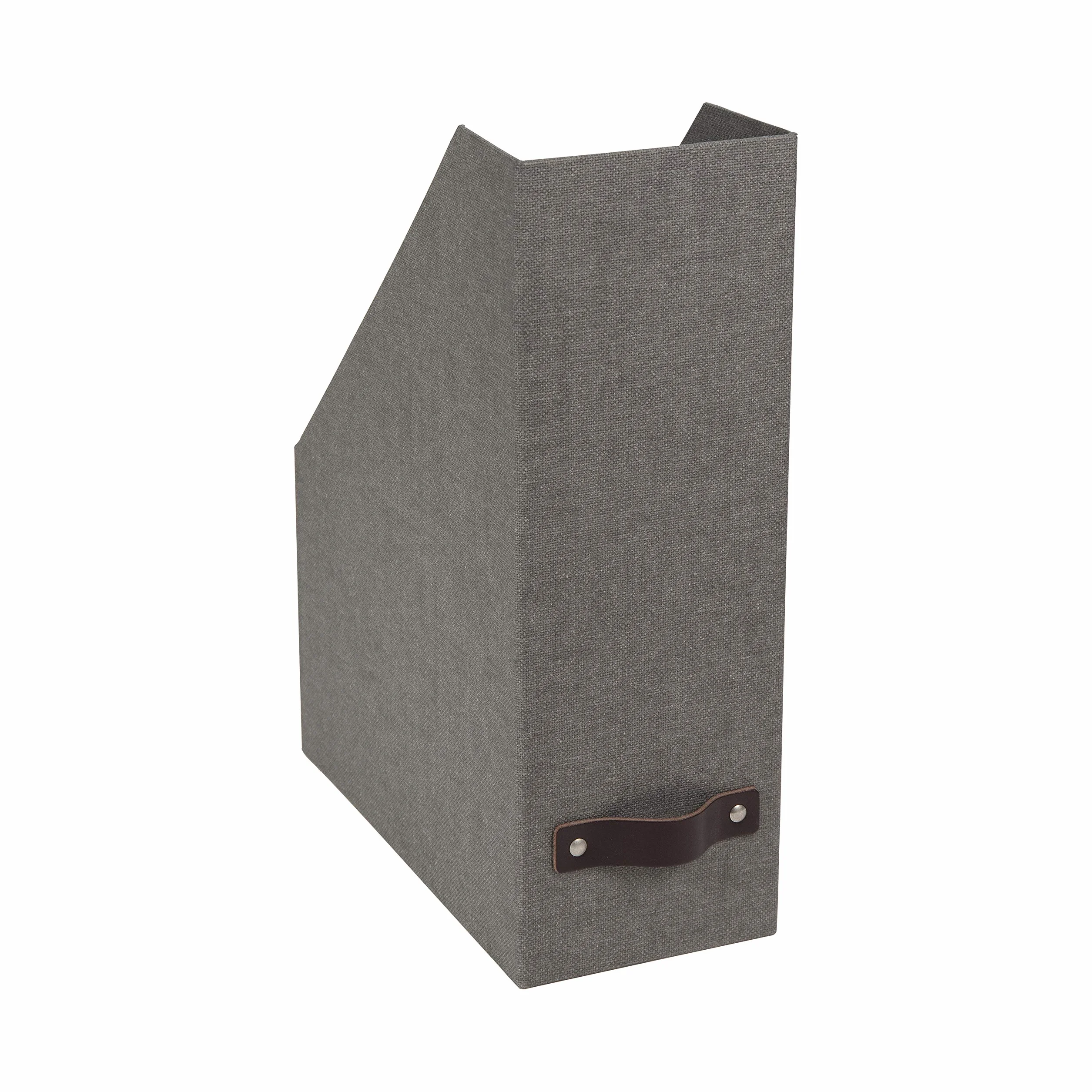 Bigso Box of Sweden Porta riviste con maniglia in pelle – Raccoglitore ufficio in fibra di legno e carta con effetto lino – Portadocumenti scaffali per riviste, cartelle o giornali – grigio