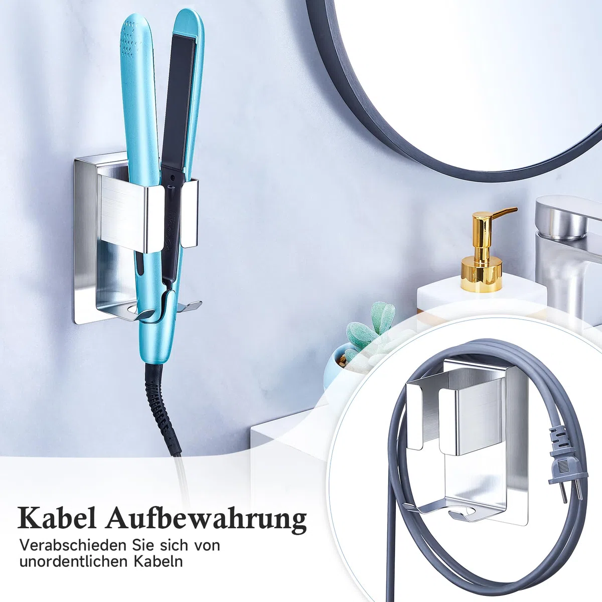 Porta Piastra per Capelli da Muro, Supporto Da Parete per Arricciacapelli, Porta Phone Bagno da Muro, Adesivo Supporto Asciugacapelli, Argento