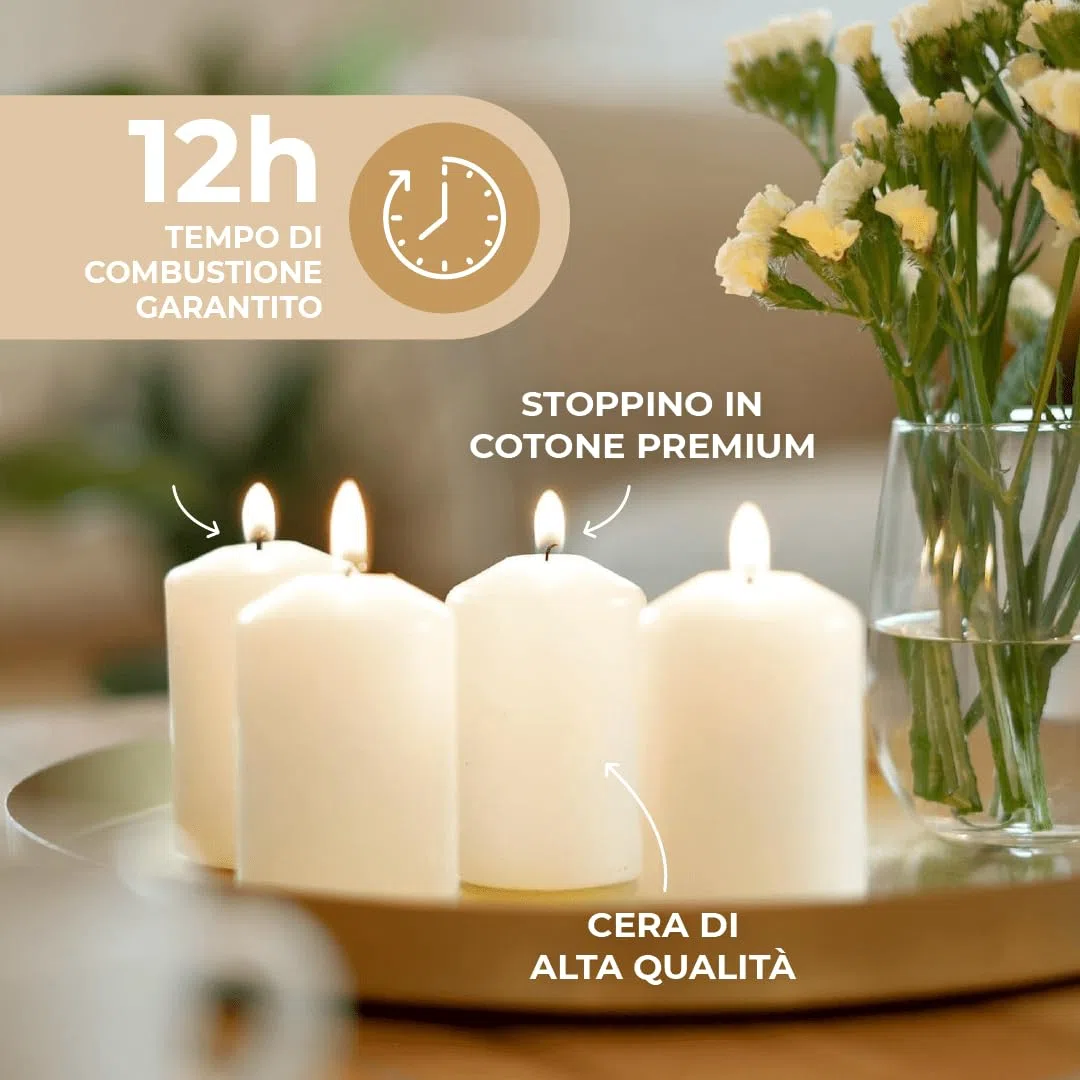 Horeca Candles - Candele a Colonna Avorio - Ø 4 x 7 cm - Set da 20 Candele Decorative - Lunga Durata 12 Ore - Cero Inodore - Cera di Paraffina