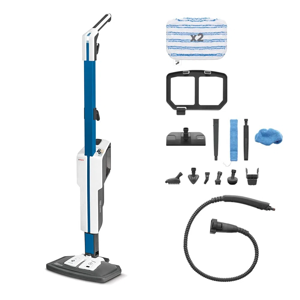 Polti Vaporetto SV620 Style, Scopa a Vapore con Pulitore Portatile Integrato, Potenza Max 1500 W, 15 Accessori, Filtro Anti Calcare, Autonomia Illimitata, Parking Verticale, Blu e Bianco