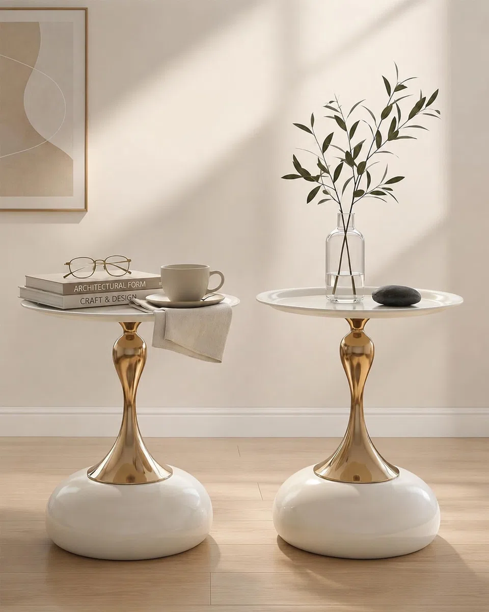 Set di 2 Tavolino da Salotto Bianco e Oro, Side Table Rotondo in Metallo, Elegante Tavolinetto da Divano Moderno, Piccoli Tavolini di Design, Montaggio Senza Attrezzi, 40x H53cm
