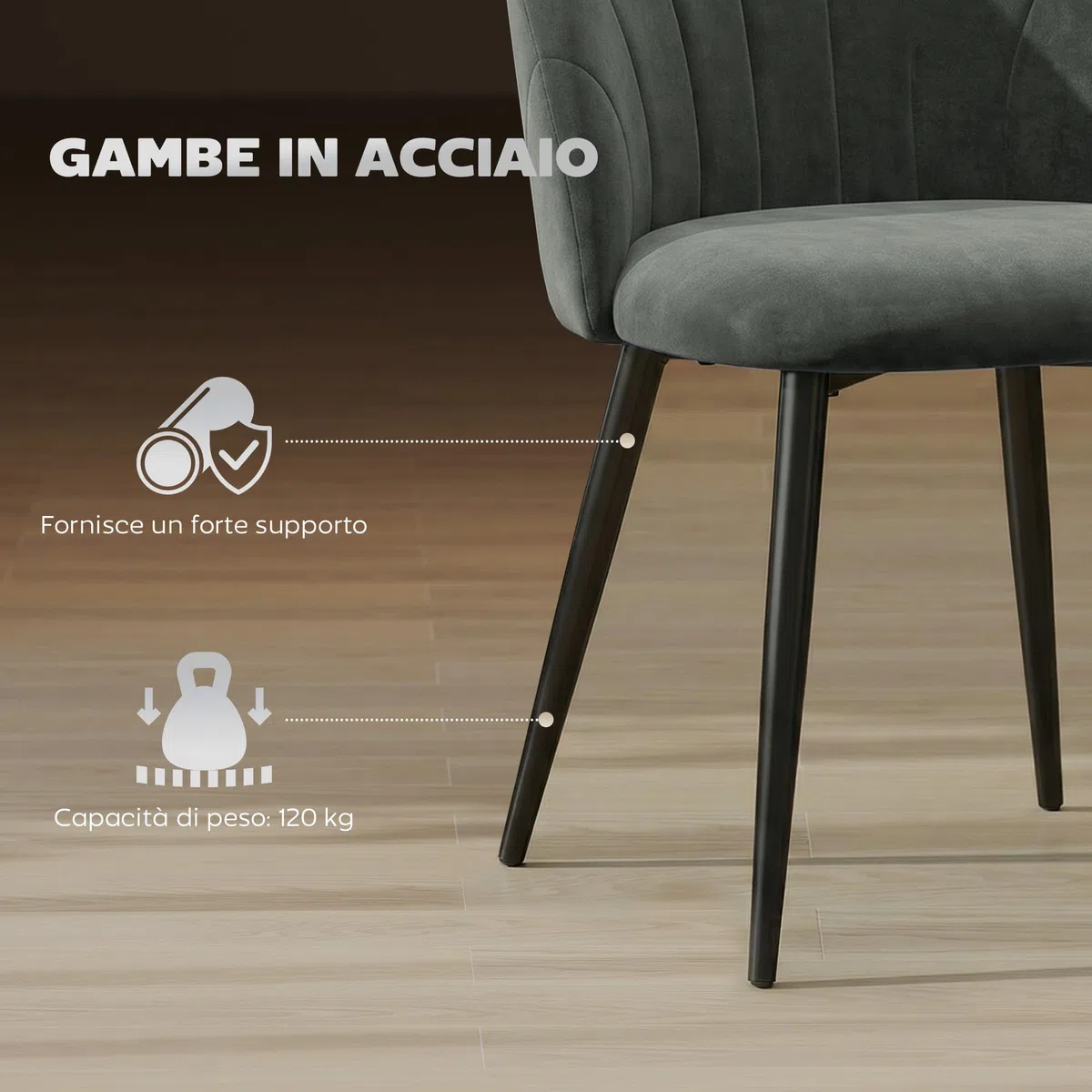 HOMCOM Set di 2 Sedie Sala da Pranzo in Velluto, Sedie Cucina con Schienale Curvo a Conchiglia, Gambe in Acciaio, Stile Nordico, Sedia Imbottita per Cucina, Camera da Letto, Soggiorno, Grigio