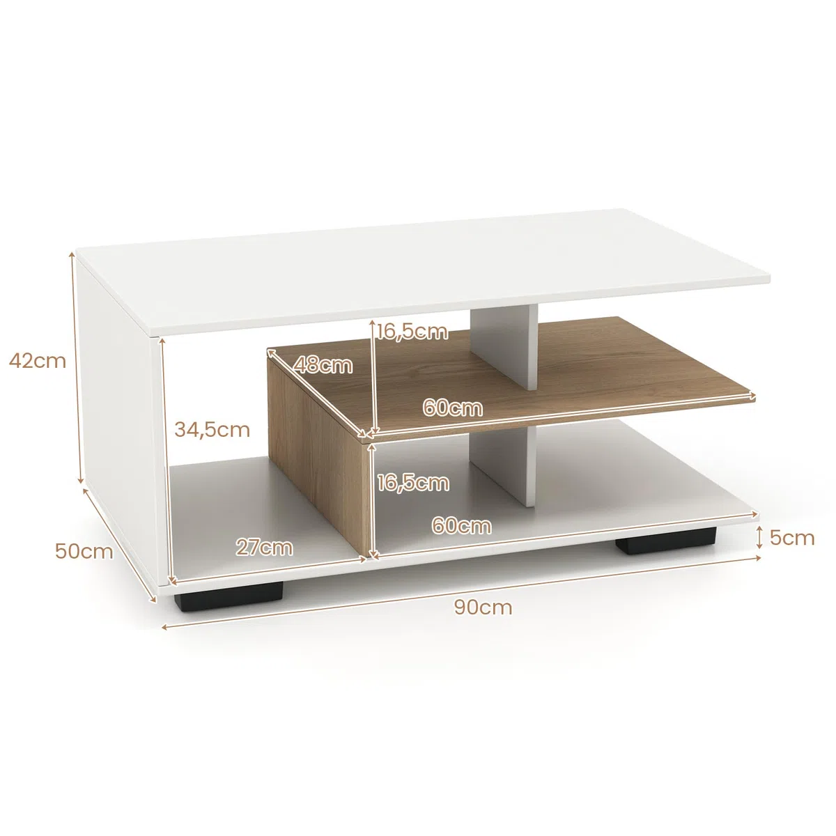 COSTWAY Tavolino da Caffè Rettangolare, Tavolo da Salotto Moderno con Mensola Centrale a Forma di L, Tavolino a 3 Livelli per Soggiorno, Sala di Ricevimento e Ufficio (Bianco)