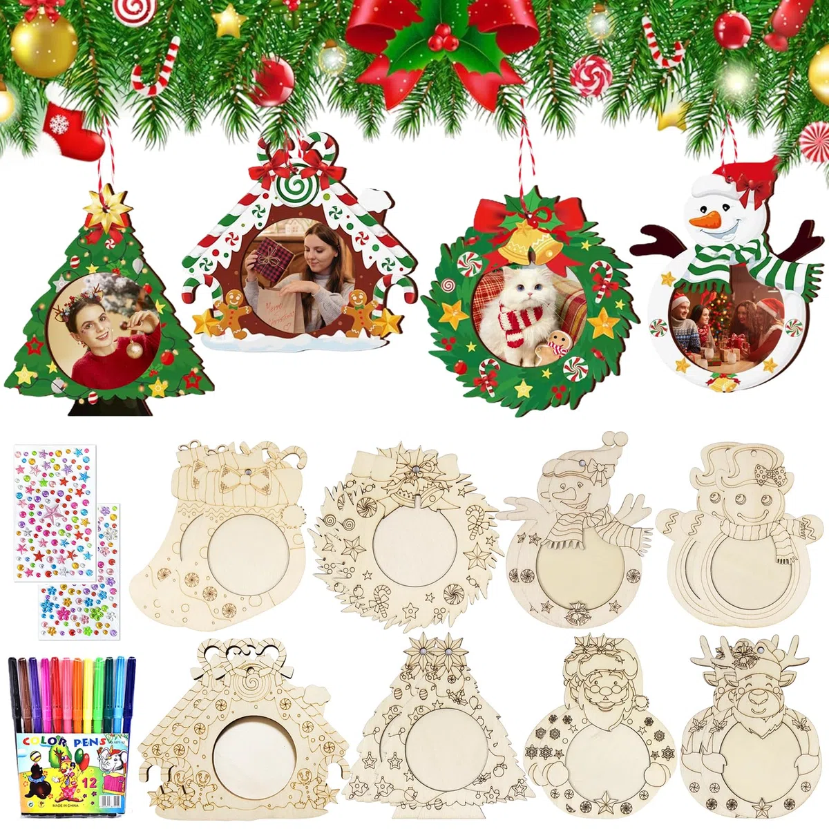 Decorazione per albero di Natale, 16 cornici per foto di Natale, in legno, per foto di Natale, in legno