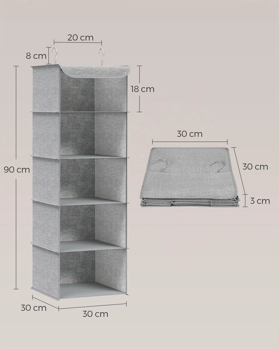 SONGMICS Organizer Armadio da Appendere, Set di 2 Portaoggetti da Appendere, Pieghevole e Salvaspazio, con Ganci in Metallo e Divisori Interni in Bambù, Stampa in Simil Lino, Grigio Chiaro RCH005W02