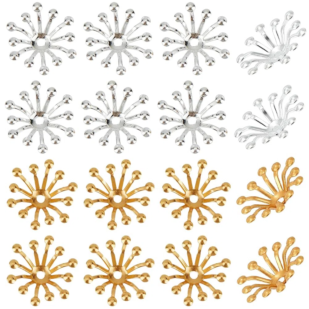 SUNNYCLUE 1 Scatola 200 Pezzi CAPspucci per Perline Stame di Fiori Perline in Filigrana CAPspucci per estremità 3D Argento Dorato Ottone Fiore Distanziatore Tappo Metallo Multi-Petalo PE