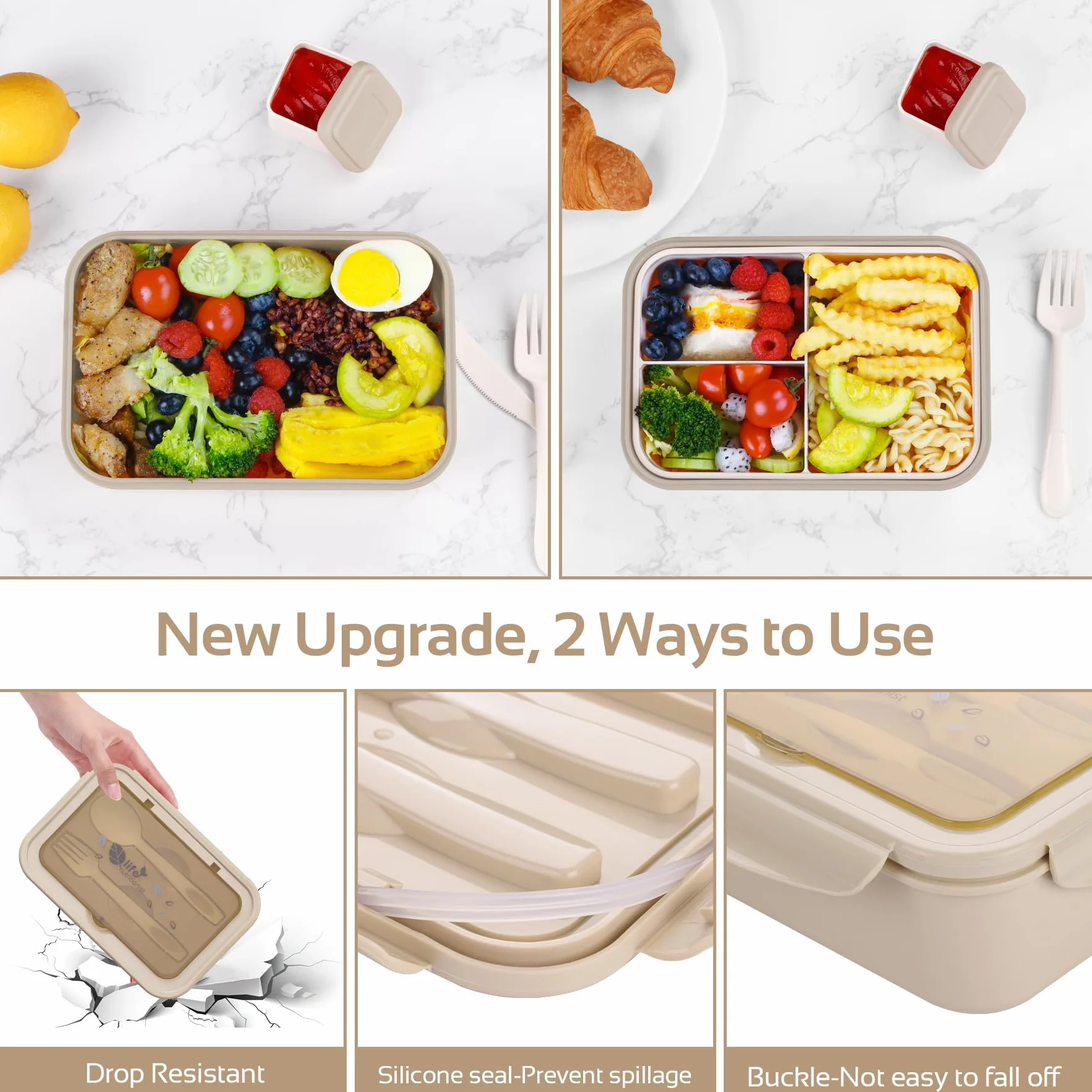 LUZOON Bento Lunch Box,1400ml Bento Box con 3 Scomparti e Posate per Adulti, Porta Pranzo con Posate e Scatola Per Salse,Senza BPA,Sicuri per Microonde e Lavastoviglie (Kaki)